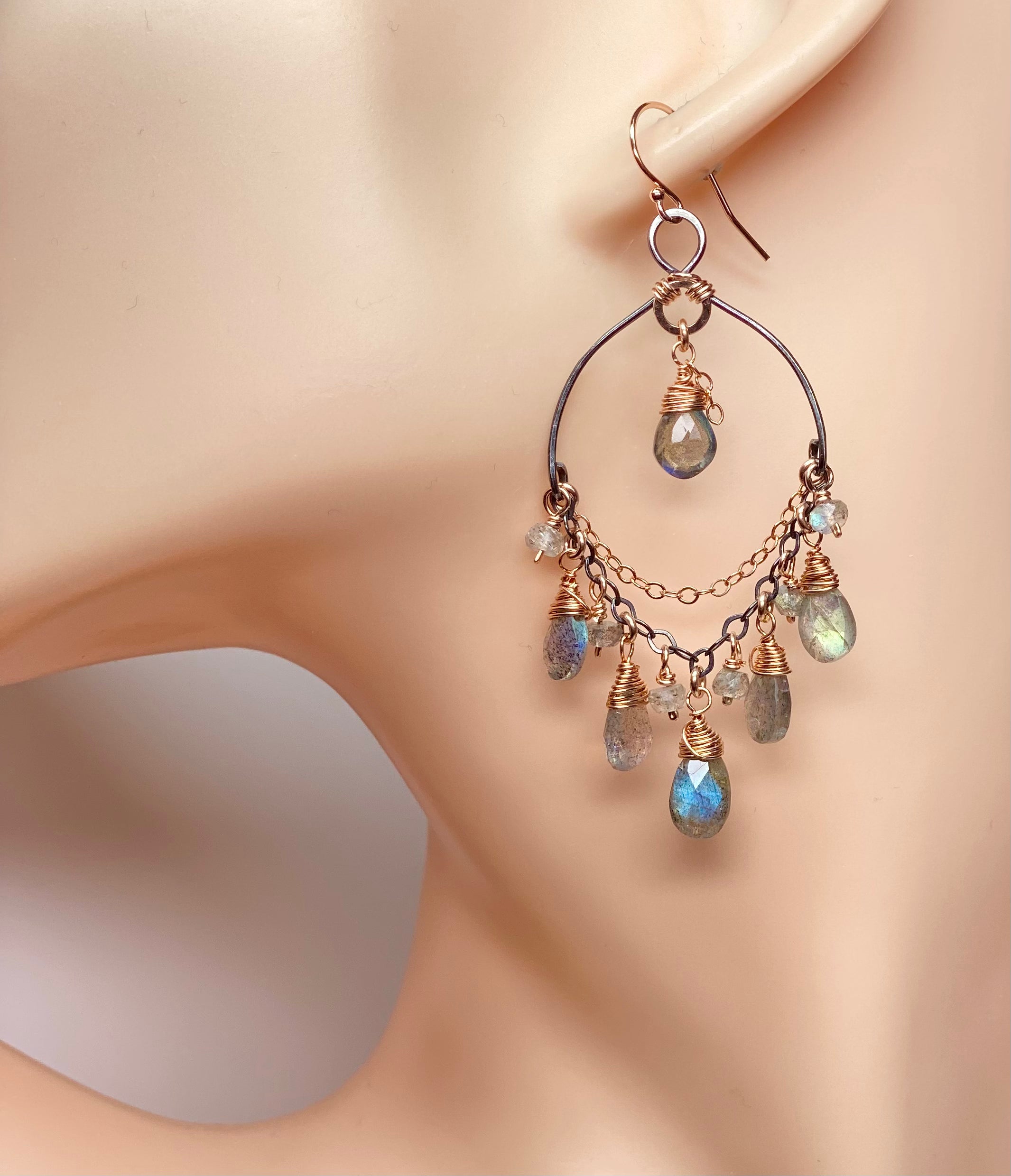 Labradorite Mixed Metal Boho Chandelier Hoop Earrings for Women - Handmade Bohemian Jewelry for Party, Wedding & Everyday Wear