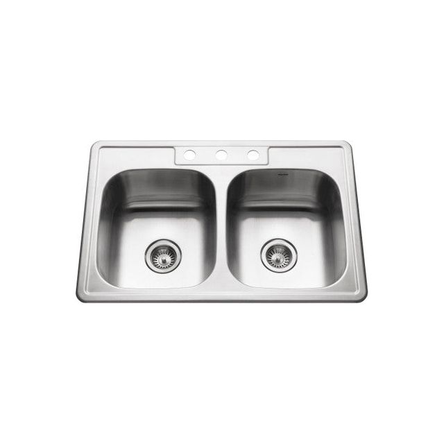 Houzer Glowtone Series 33 Stainless Steel Double Bowl Kitchen Sink - 50/50 Topmount Drop-In 3-Hole Design for Modern Kitchens | Perfect for Meal Prep, Dishwashing & Entertaining