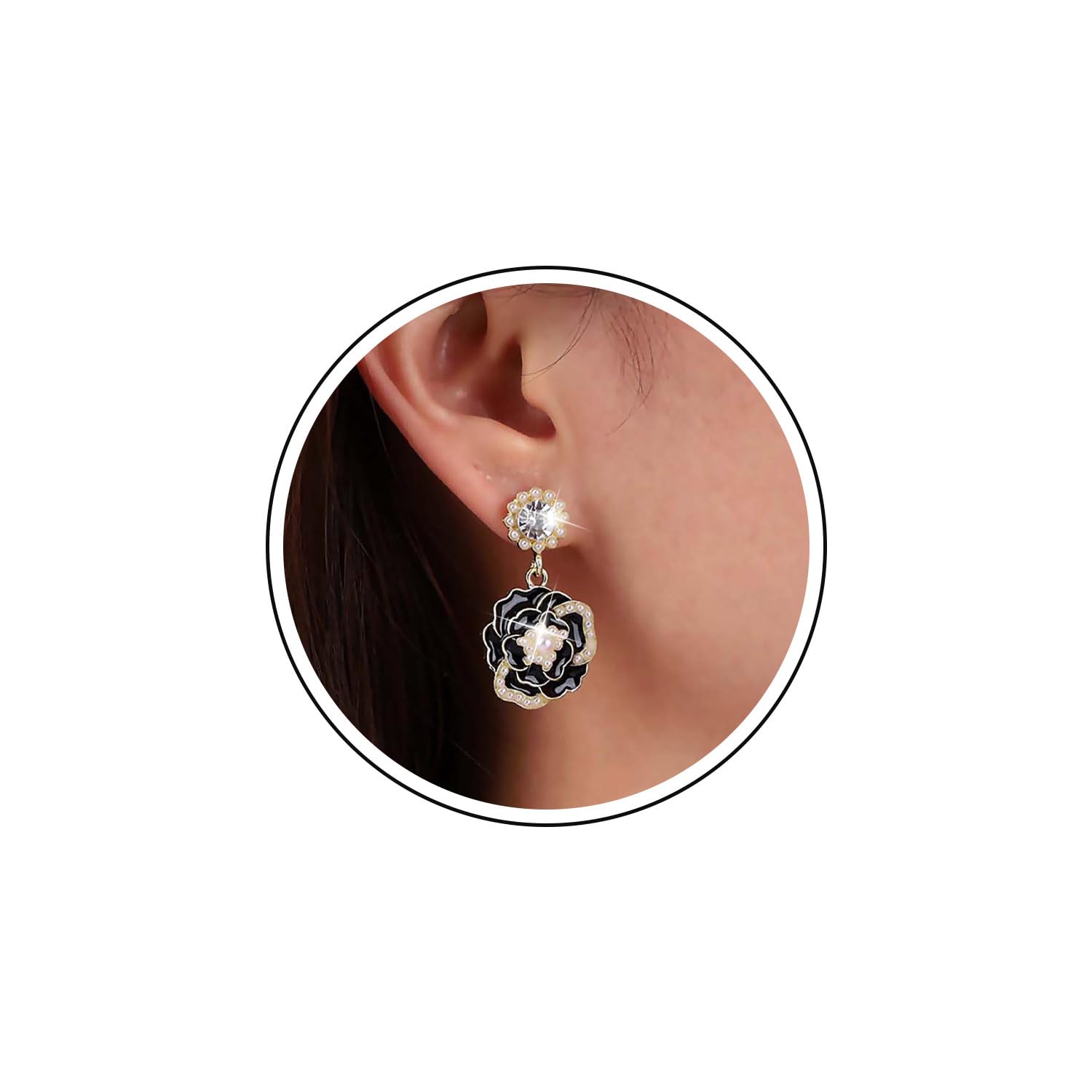 Wendalern Vintage Pearl Flower Drop Earrings - Enamel Floral Dangle Earrings with Black Rose & Cubic Zirconia, Elegant Pearl Stud Jewelry for Women & Girls | Perfect for Weddings, Parties & Special Occasions