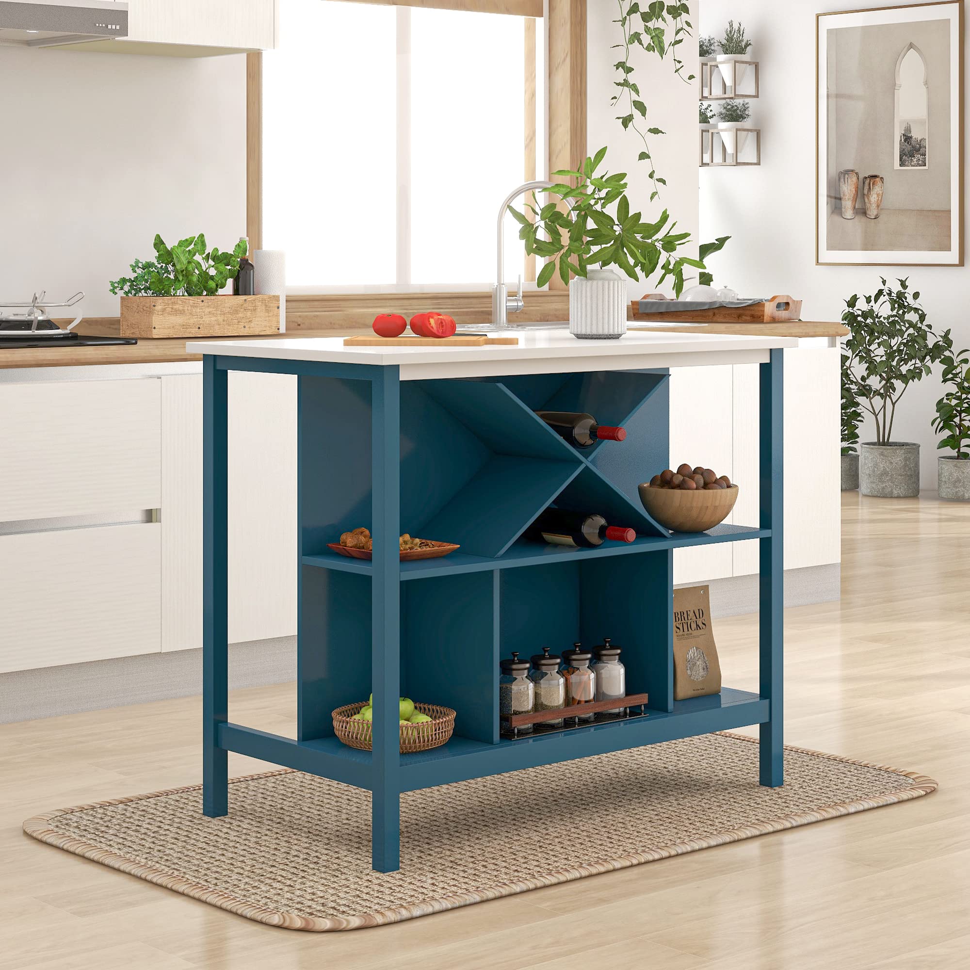 Farmhouse Style Portable Kitchen Island with Shelves & Wine Rack - Wooden Counter Height Dining Table for Small Spaces (Blue Frame & White Top) - Perfect for Compact Kitchens, Dining Rooms & Entertaining Areas