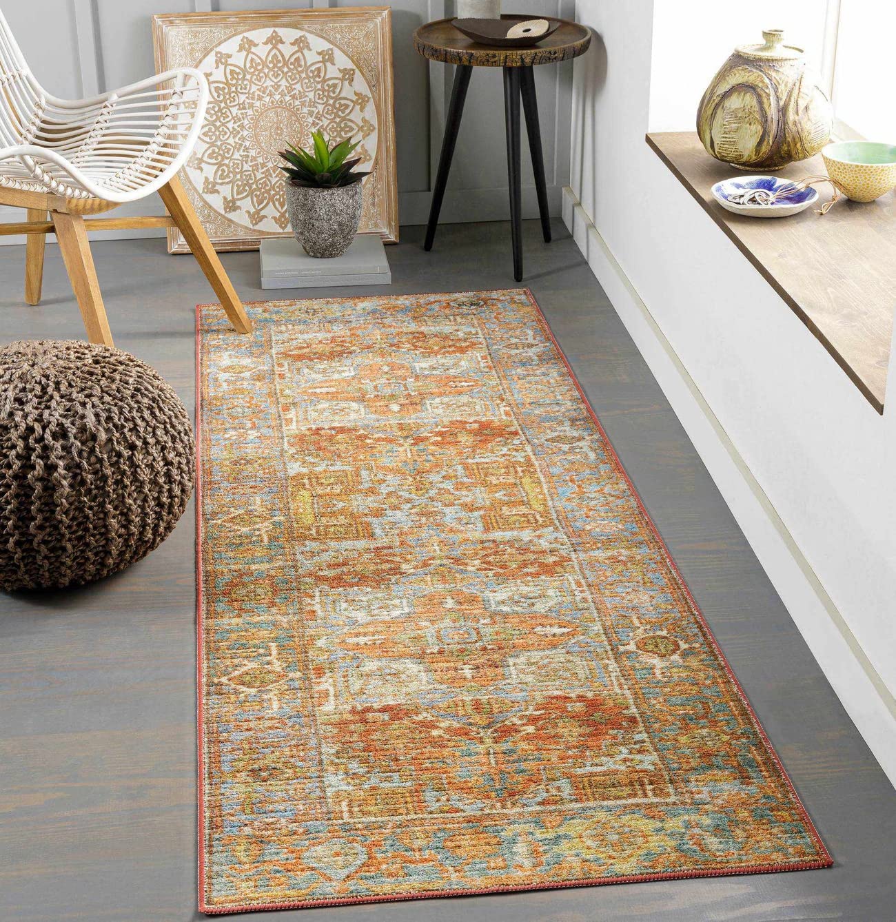 Mark&Day Washable Runner Rug 3x7 - Traditional Burnt Orange & Beige Area Carpet for Hallway, Kitchen, Bedroom, Living Room | Machine Washable, Non-Slip Backing (2'7