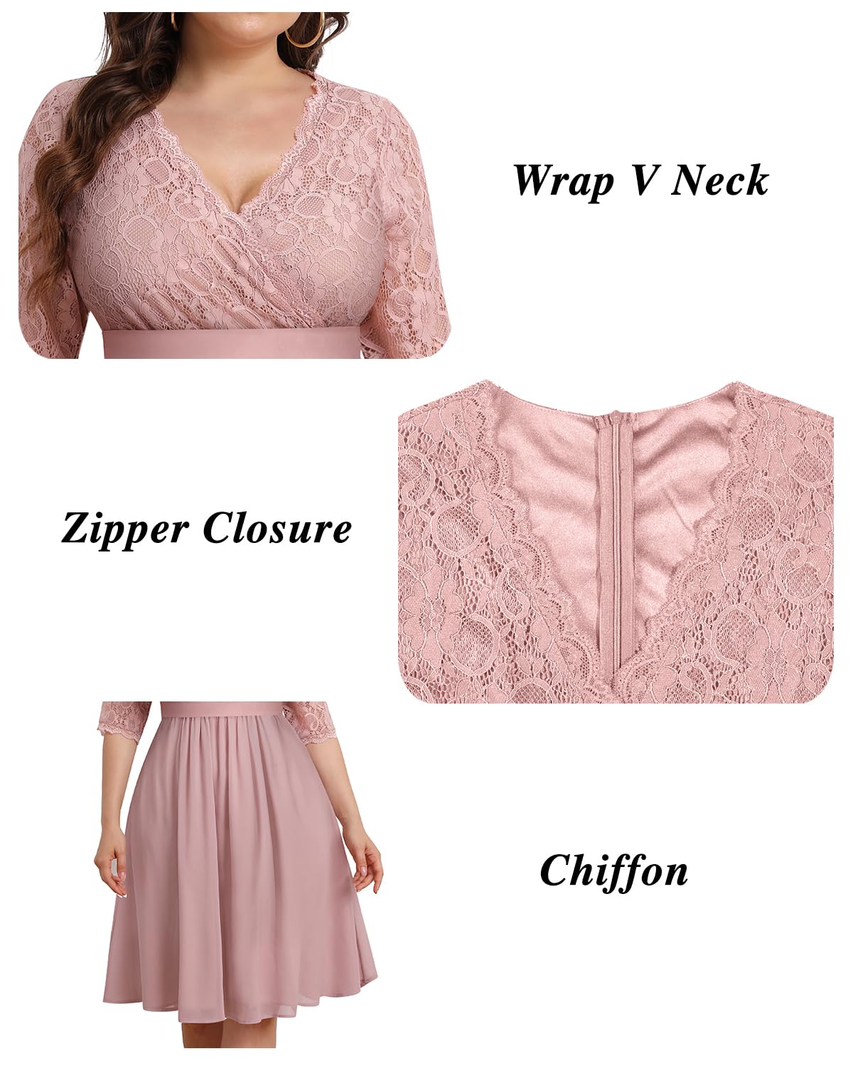 Plus Size Lace Chiffon Wrap V-Neck Midi Dress for Women | Elegant Cocktail & Wedding Guest Dress | Perfect for Parties, Date Nights & Special Occasions