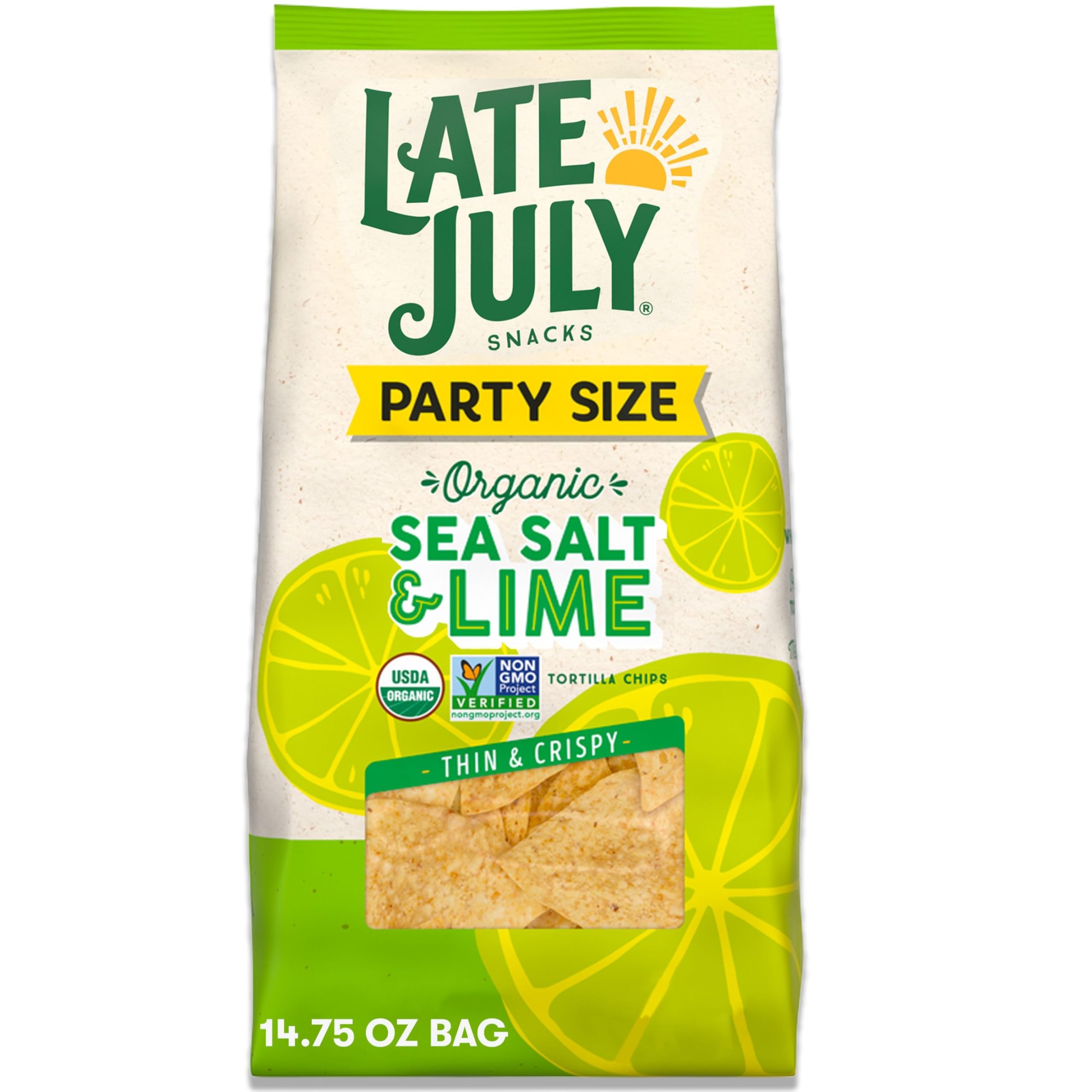 Organic Thin & Crispy Tortilla Chips - Sea Salt & Lime Flavor | Late July Snacks | 14.75 oz Party Size Bag | Perfect for Parties, Movie Nights & Healthy Snacking