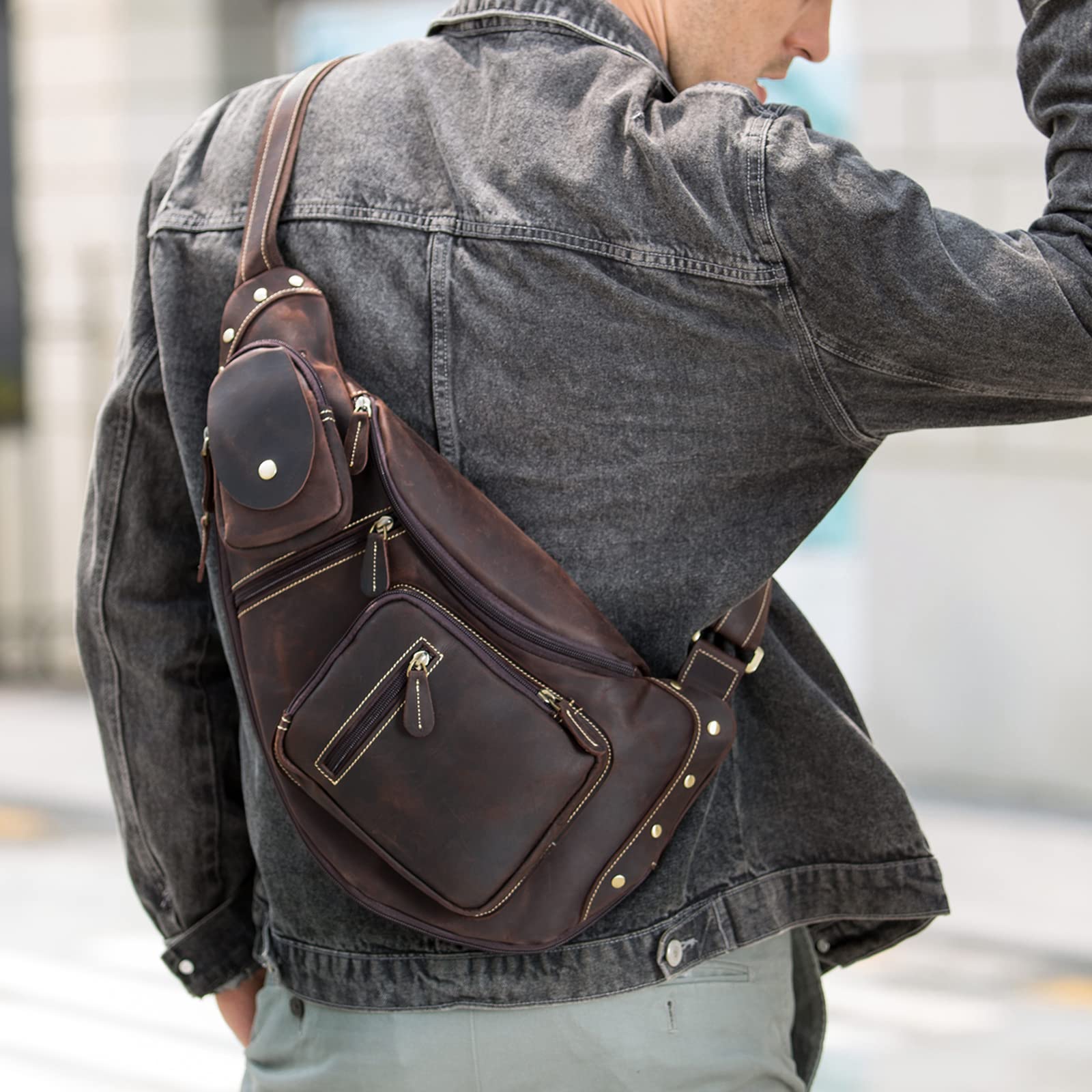 Polare Full Grain Leather Crossbody Sling Bag - Durable Chest Backpack for Men & Women - Perfect for Outdoor Camping, Hiking, Travel & Everyday Use