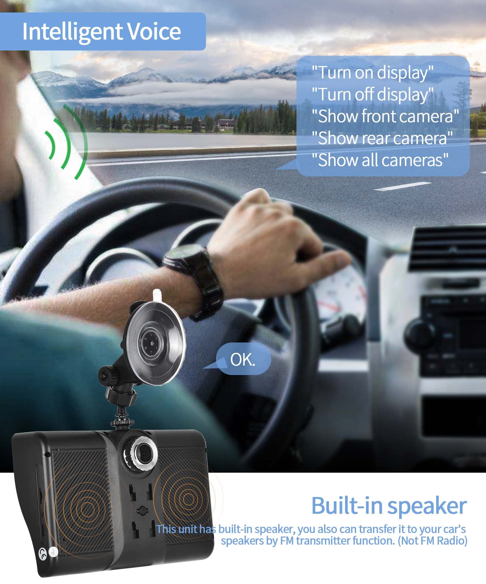 Rimoody 7'' Wireless CarPlay Screen with Dash Cam - Portable Car Stereo for Android Auto, Bluetooth, Touch Screen, Backup Camera, Voice Control & FM Transmission - Perfect for Road Trips & Hands-Free Driving