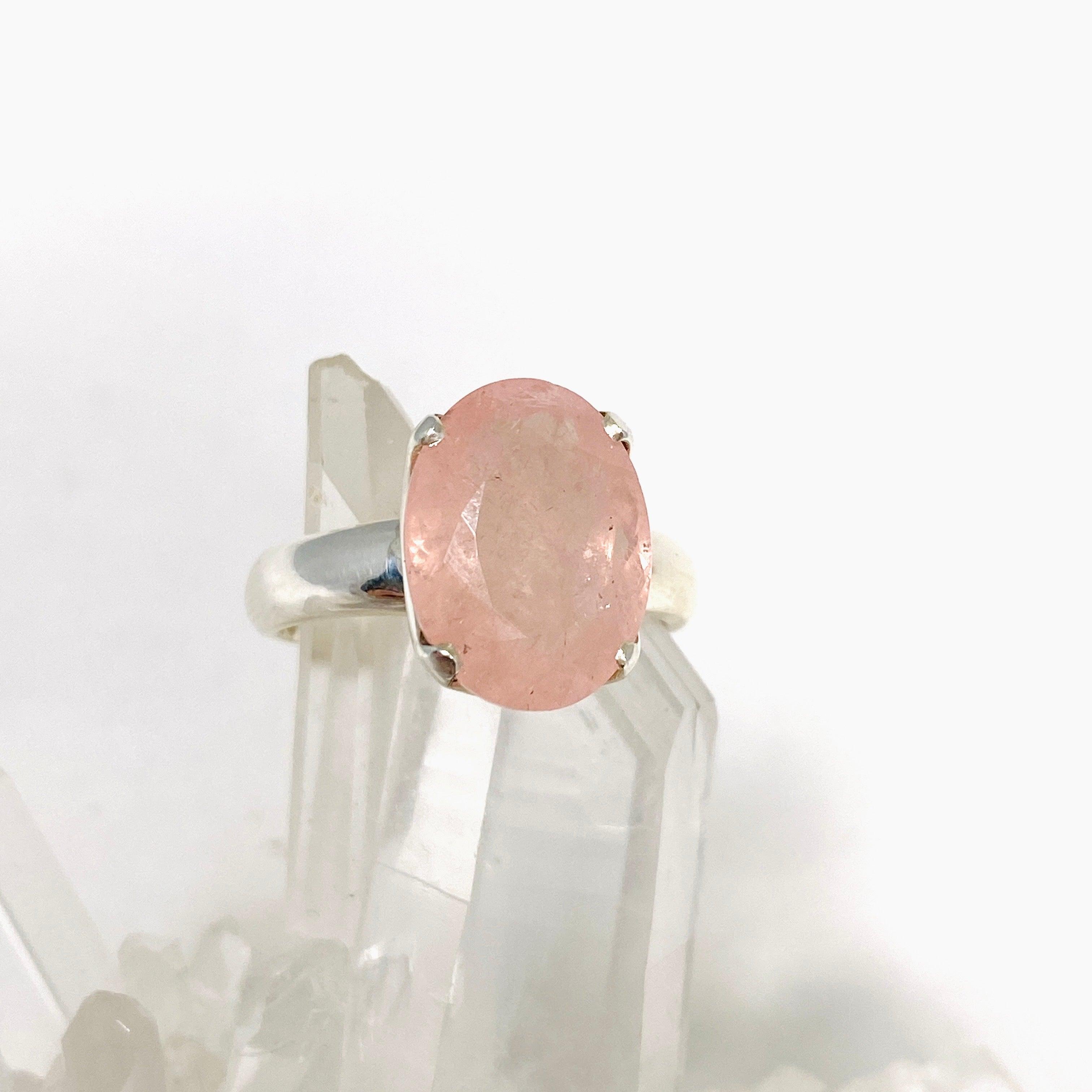 Morganite Faceted Oval Ring - Size 9 Sterling Silver Jewelry for Women, Elegant Engagement & Wedding Gift - PRGJ440
