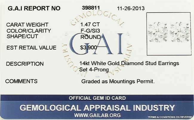 14K White Solid Gold Unisex Four Prong Diamond Stud Earrings 1.47 Ctw - Perfect for Weddings, Anniversaries & Special Occasions