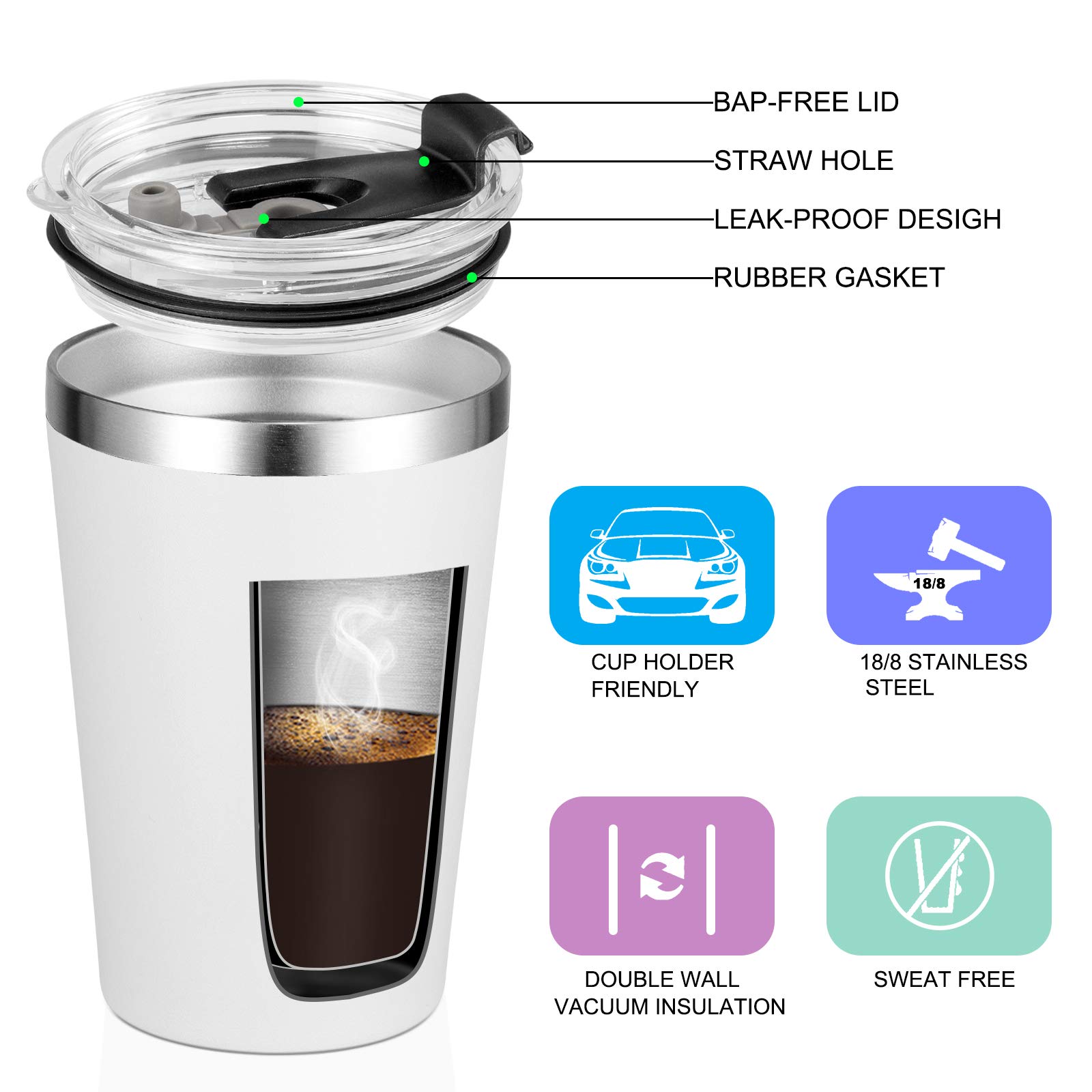 VEGOND 12oz Stainless Steel Vacuum Insulated Tumbler - 6 Pack White Double Wall Travel Mugs with Lid & Straw | Reusable, BPA-Free | Perfect for Coffee, Tea, Cold Drinks at Office, Gym, Camping & Outdoor Activities
