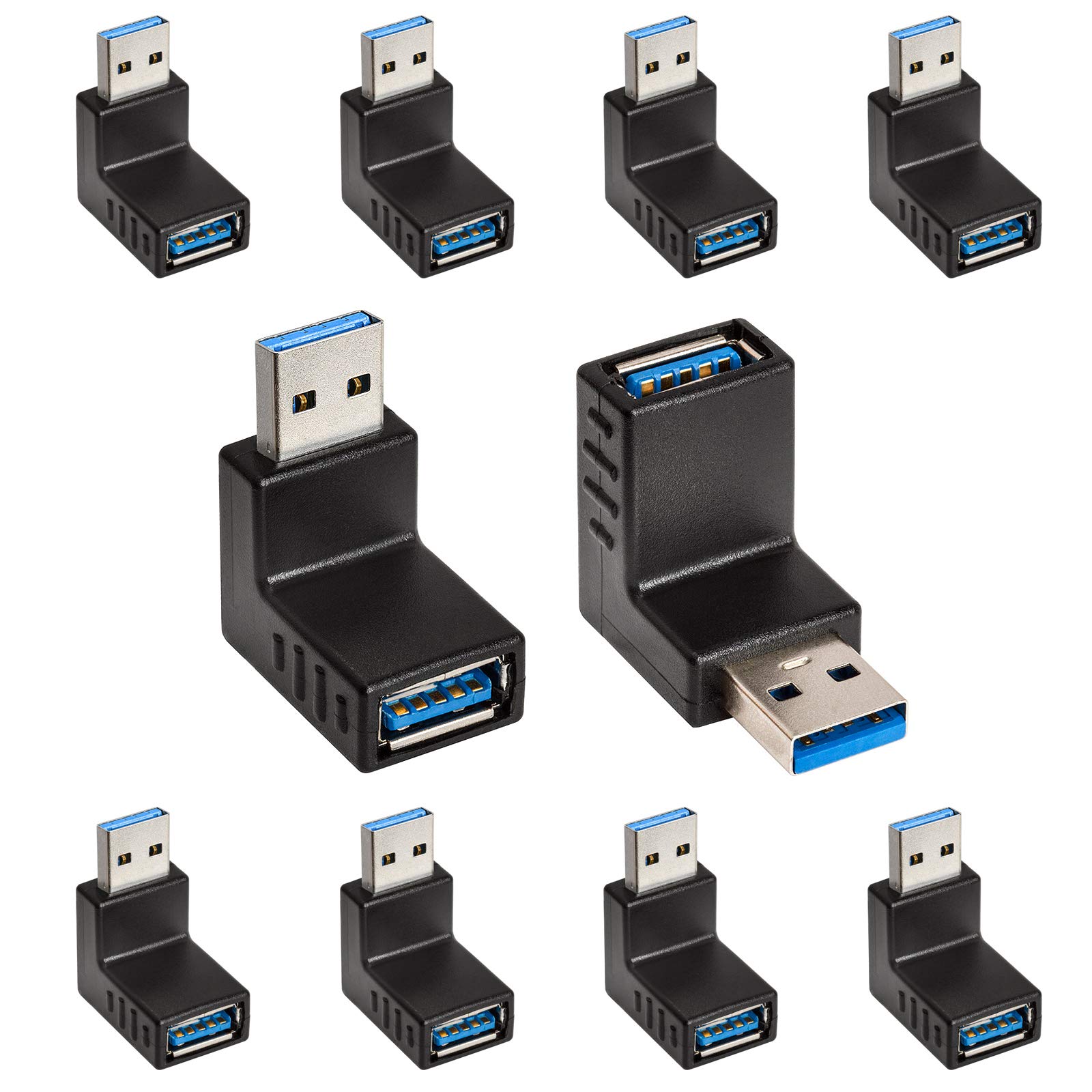 Cmple - 10 Pack USB 3.0 Male to Female Right Angle Adapter, Super Speed 5Gbps USB 3.0 Extender Coupler for Laptop, PC, Hard Drive, Printer - Perfect for Tight Spaces & Cable Management