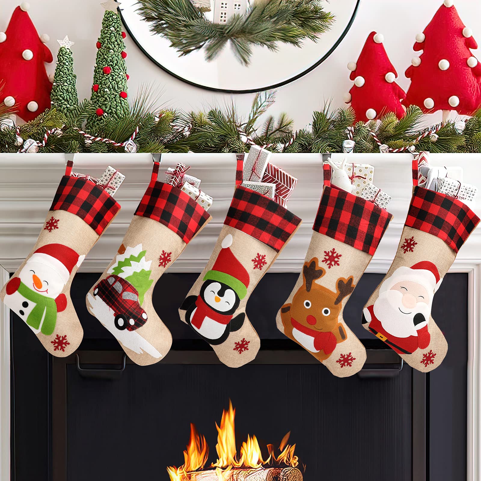 GoldFlower Christmas Stockings 5 Pack - 18 Inch Large Holiday Stockings with Santa, Snowman & Gnome Designs - Classic Buffalo Plaid Cuff - Perfect for Fireplace, Staircase & Christmas Tree Decorations - Festive Xmas Ornaments for Family & Home Decor