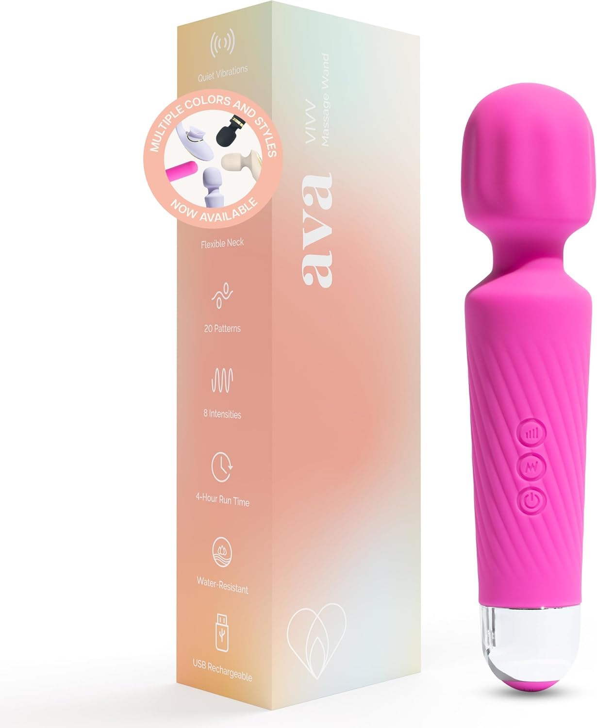 Ava Vibrator Wand - Powerful Clit Stimulator for Women, 20 Vibration Patterns & 8 Speeds, Quiet & Compact Adult Toy - Perfect Gift for Her (Hot Pink) | Enhance Intimacy & Self-Care Moments