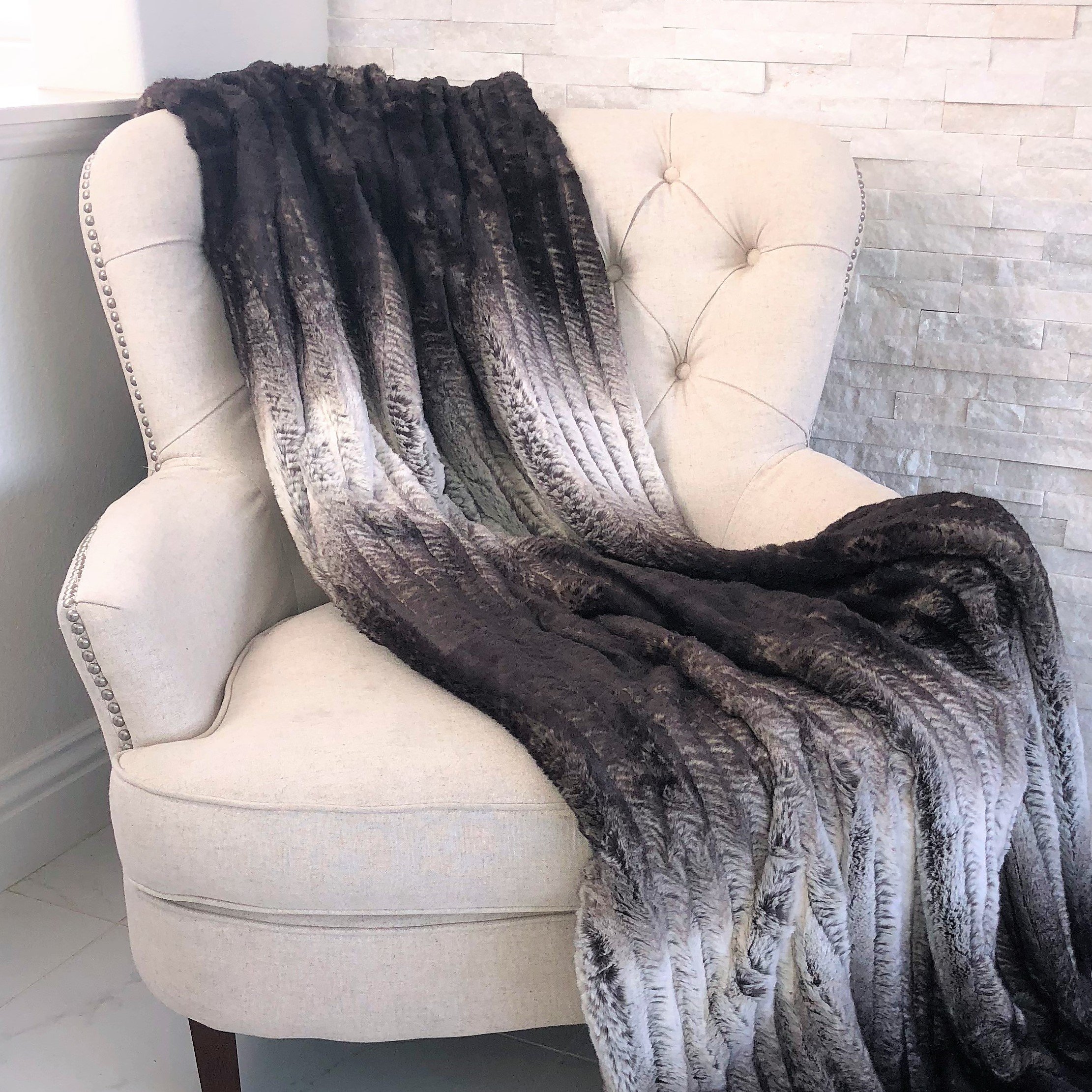 Plutus Chocolate Brown Ivory Faux Fur Luxury Throw Blanket - 80