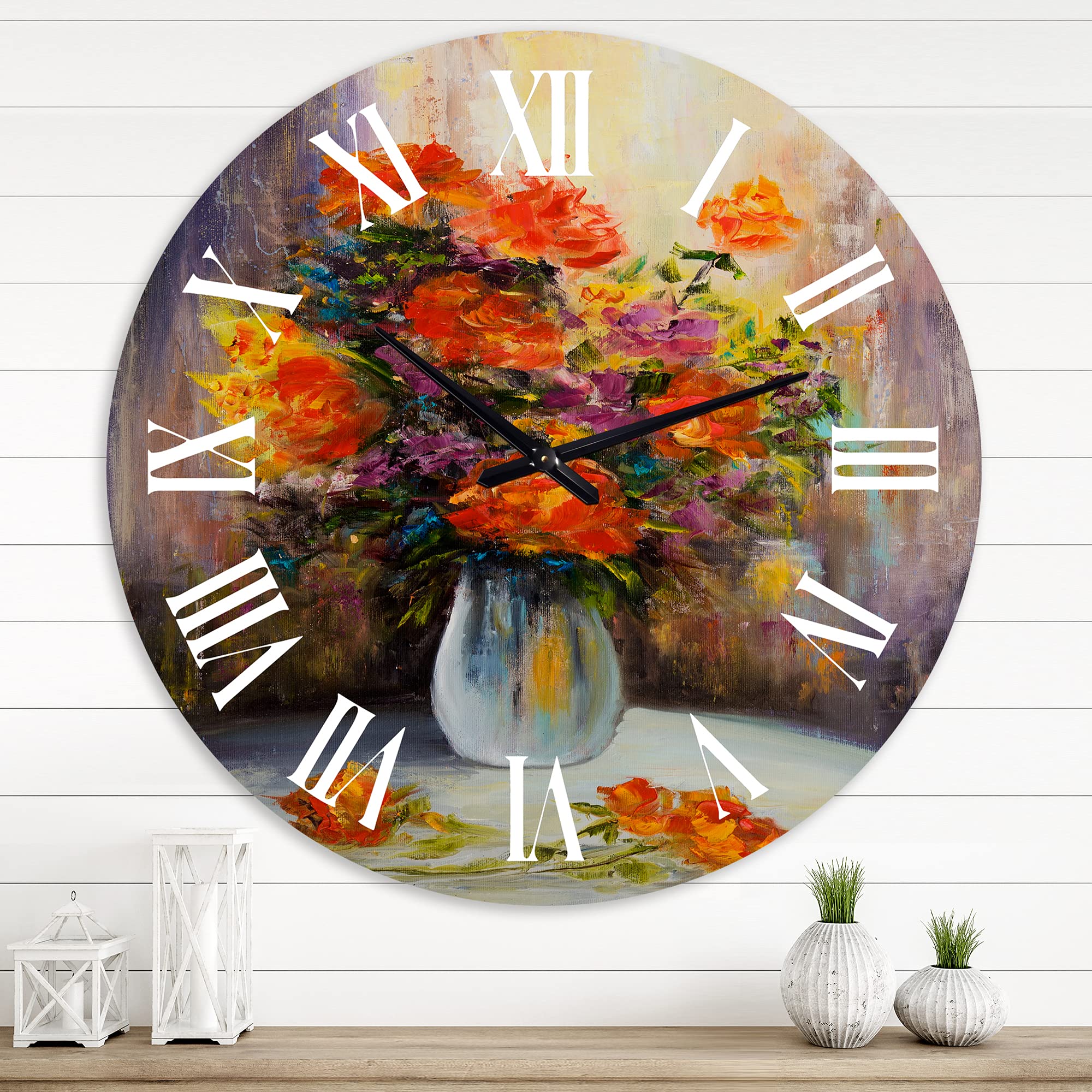 DesignQ Traditional Wall Clock - Still Life Bouquet with Red & Yellow Flowers - Large Floral Wall Clock for Kitchen, Living Room, Bedroom Decor - Perfect for Home & Office