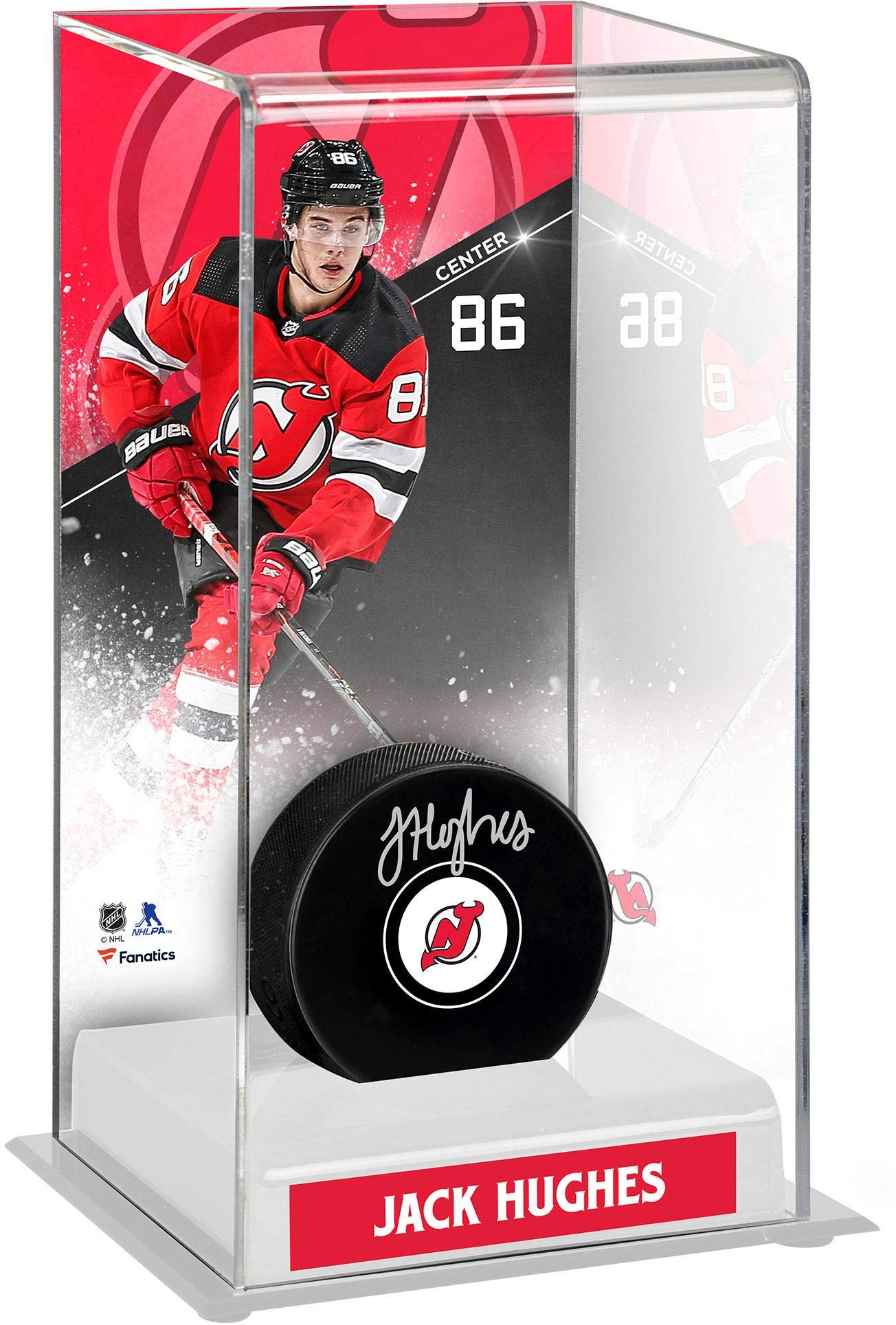 Jack Hughes New Jersey Devils Deluxe Tall Hockey Puck Display Case - Official NHL Collectible Puck Holder for Home, Office, or Man Cave Decor