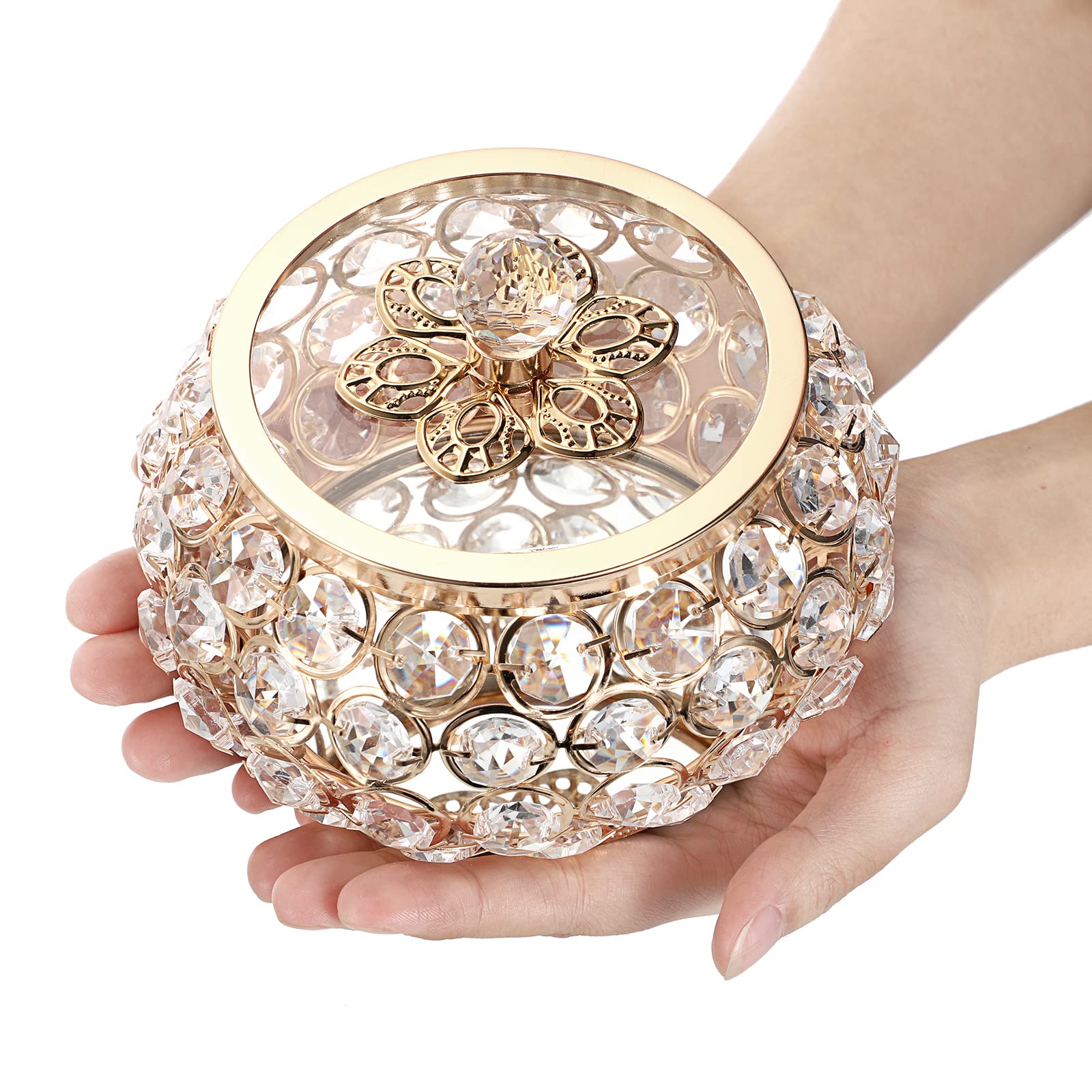 Hipiwe Crystal Jewelry Box with Glass Lid - Gold Mirrored Treasure Chest for Ring, Earrings & Necklace Storage - Elegant Decorative Keepsake Gift Box for Women & Girls - Perfect for Vanity, Dresser & Wedding Gift