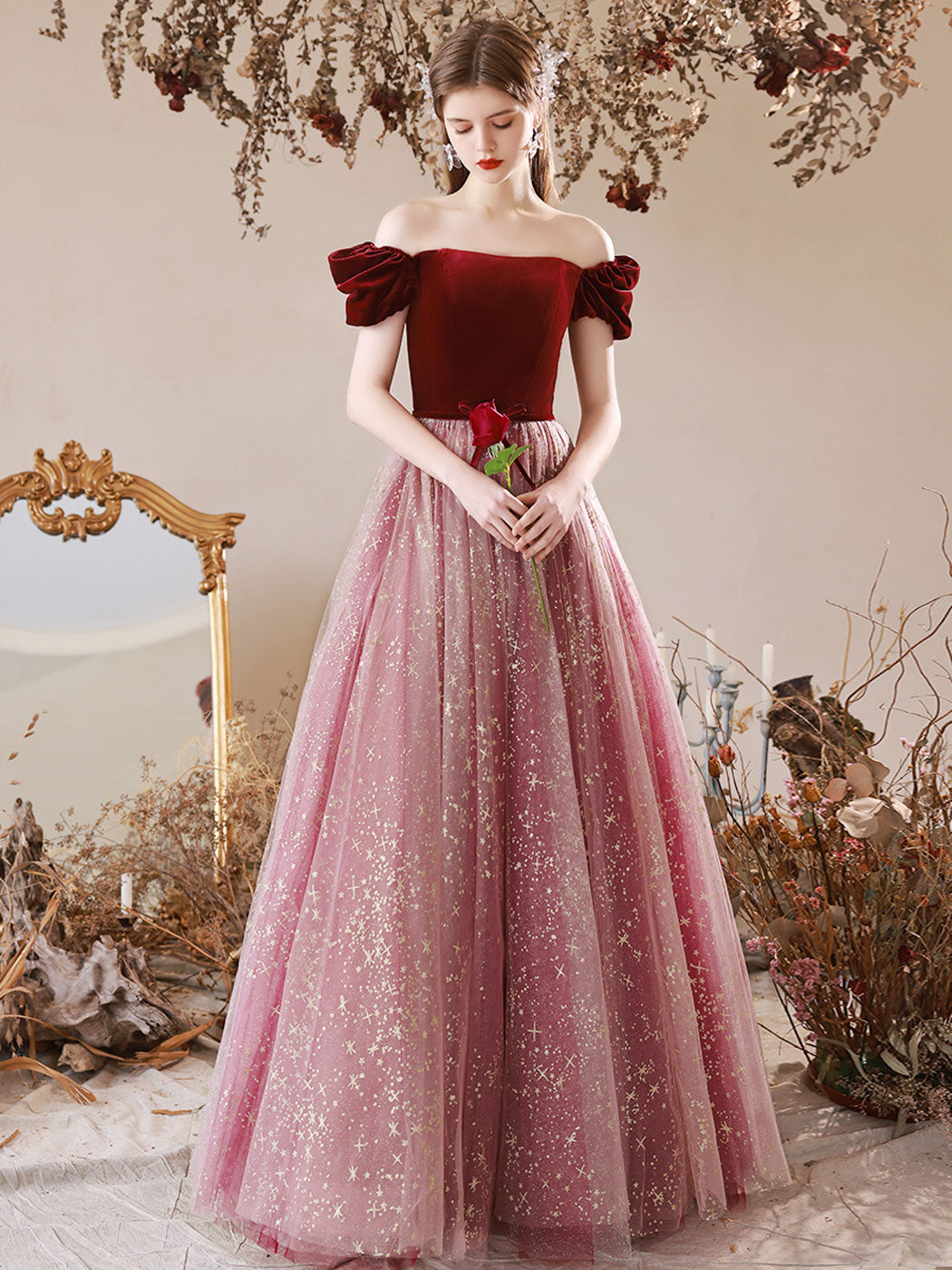 Elegant A-Line Burgundy Tulle Long Prom Dress with Velvet Trim - Perfect for Evening Gowns, Homecoming Dances & Formal Occasions