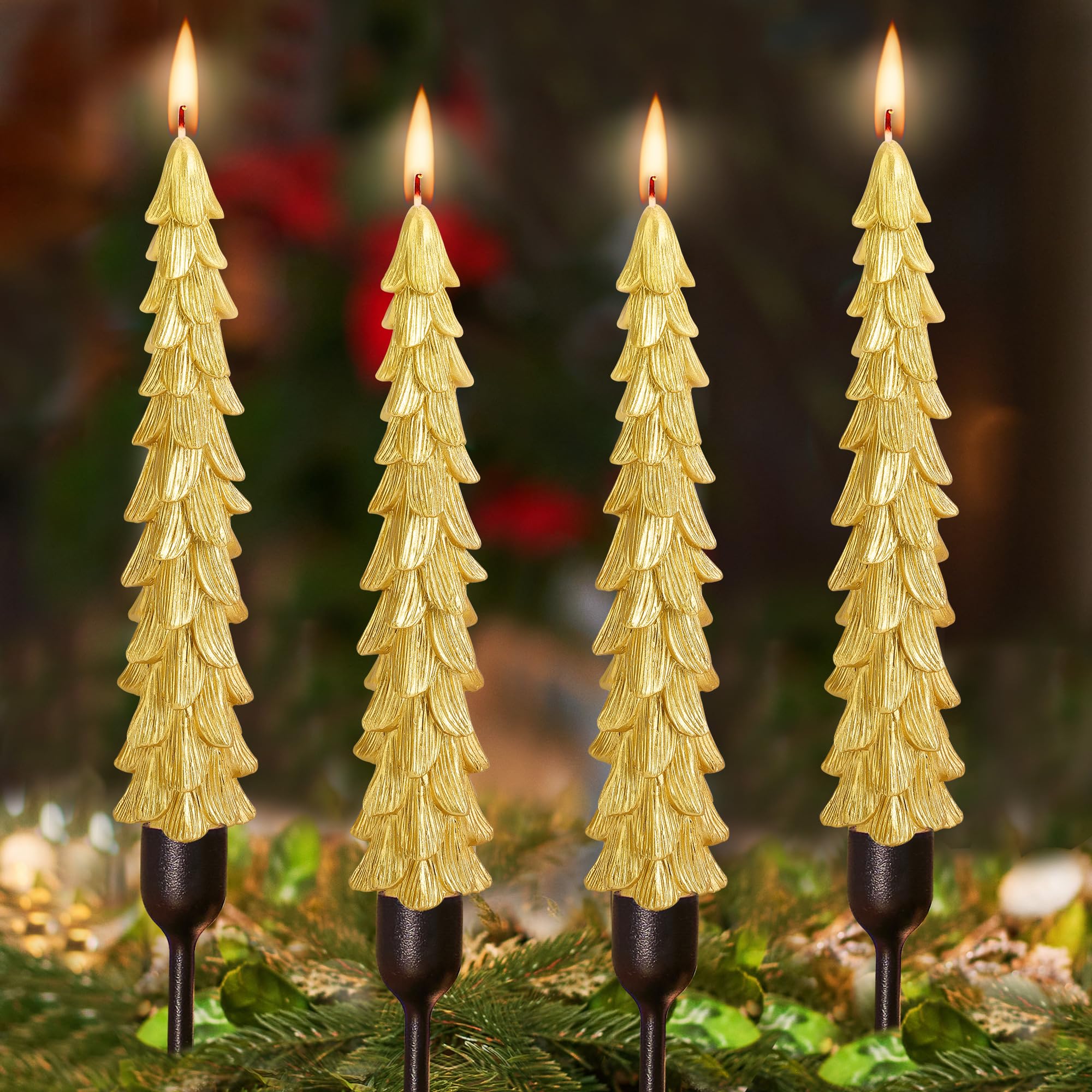 Gold Christmas Tree Candles - 10 Inch Unscented Tapers for Holiday Decor