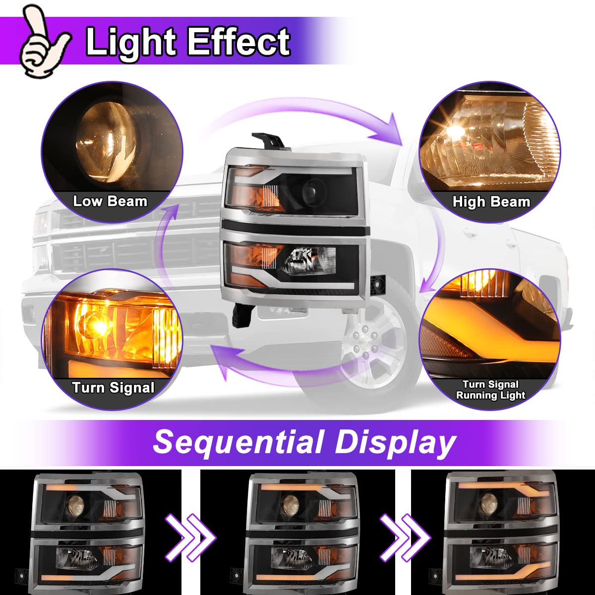 Nixon Offroad LED Headlights Assembly for Chevy Silverado 1500 2014-2015 - High/Low Beam Projector Headlights with DRL & Turn Signal - Matte Black Housing & Clear Lens (1 Pair) - Perfect for Night Driving & Off-Road Adventures