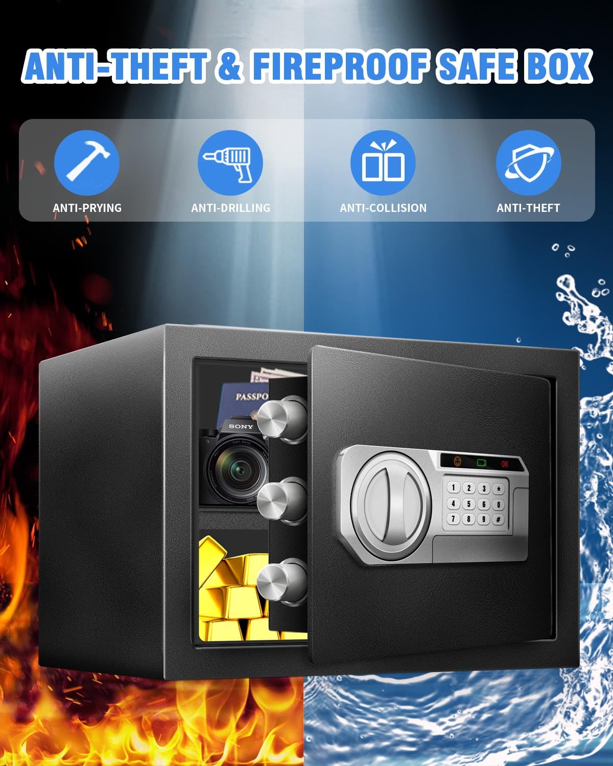 1.5 Cu Ft Steel Electronic Digital Safe Box for Home & Office - Secure Documents, Money, Jewelry & Valuables with LED Sensor Light & External Power Compartment - Perfect for Bedroom, Closet or Business Security Storage