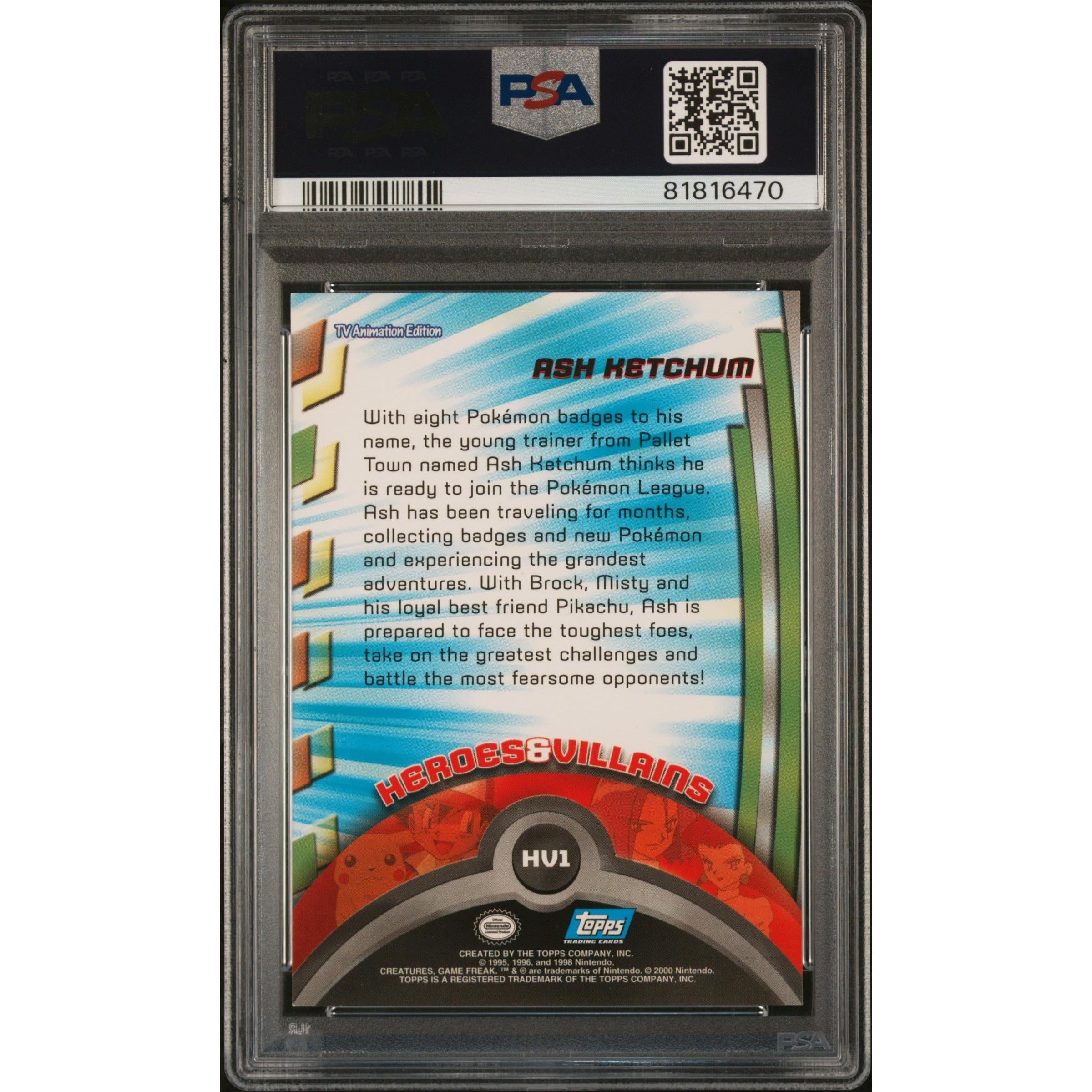 2000 Pokemon Topps Animation Series 2 Ash Ketchum HV1 PSA 8 Graded Trading Card - Collectible for Pokemon Fans & Card Game Enthusiasts