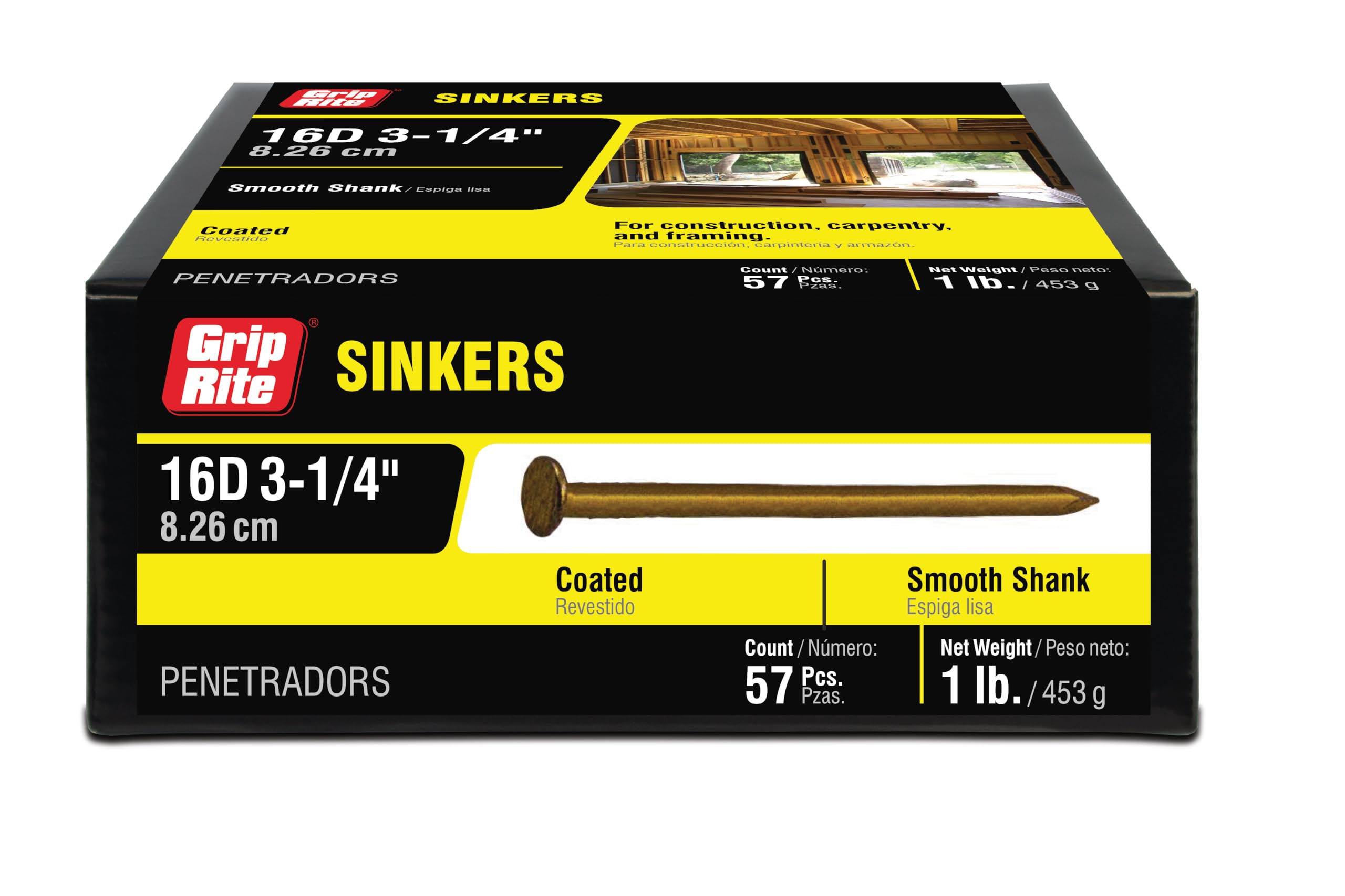 Grip Rite 16CTDSKR1 16D 3-1/4-Inch Coated Sinker Nails with Brite Smooth Shank, 1-Pound Box, Ideal for Framing, Decking, and General Construction Projects
