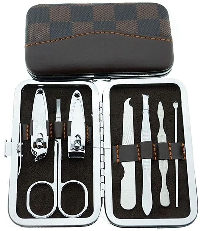 AKSHAR 7-in-1 Stainless Steel Manicure & Pedicure Kit for Men & Women - Nail Clippers, Cuticle Trimmer, Nail File, Acne Needle & Grooming Tools in Leather Case - Perfect for Travel, Home & Salon Use