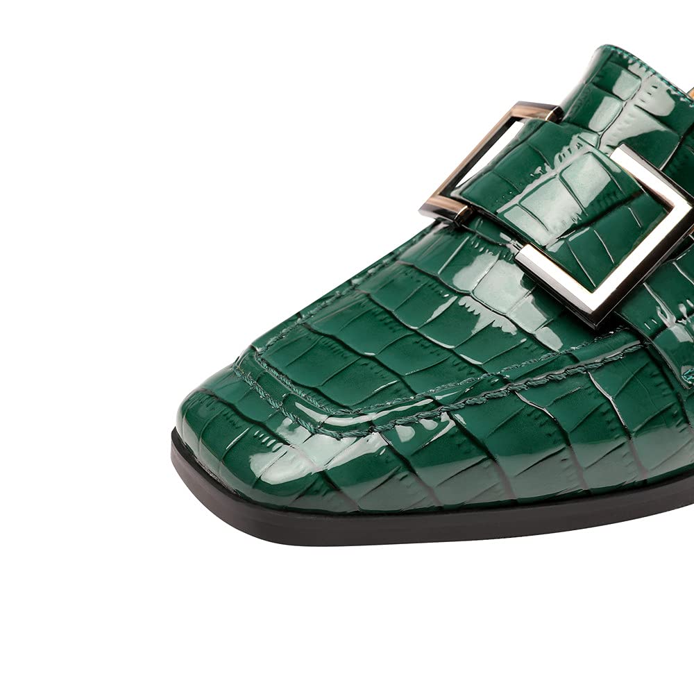 TinaCus Women's Square Toe Patent Leather Loafers - Handmade Buckle Detail Casual Shoes with Low Chunky Heel for Work, Office & Everyday Wear