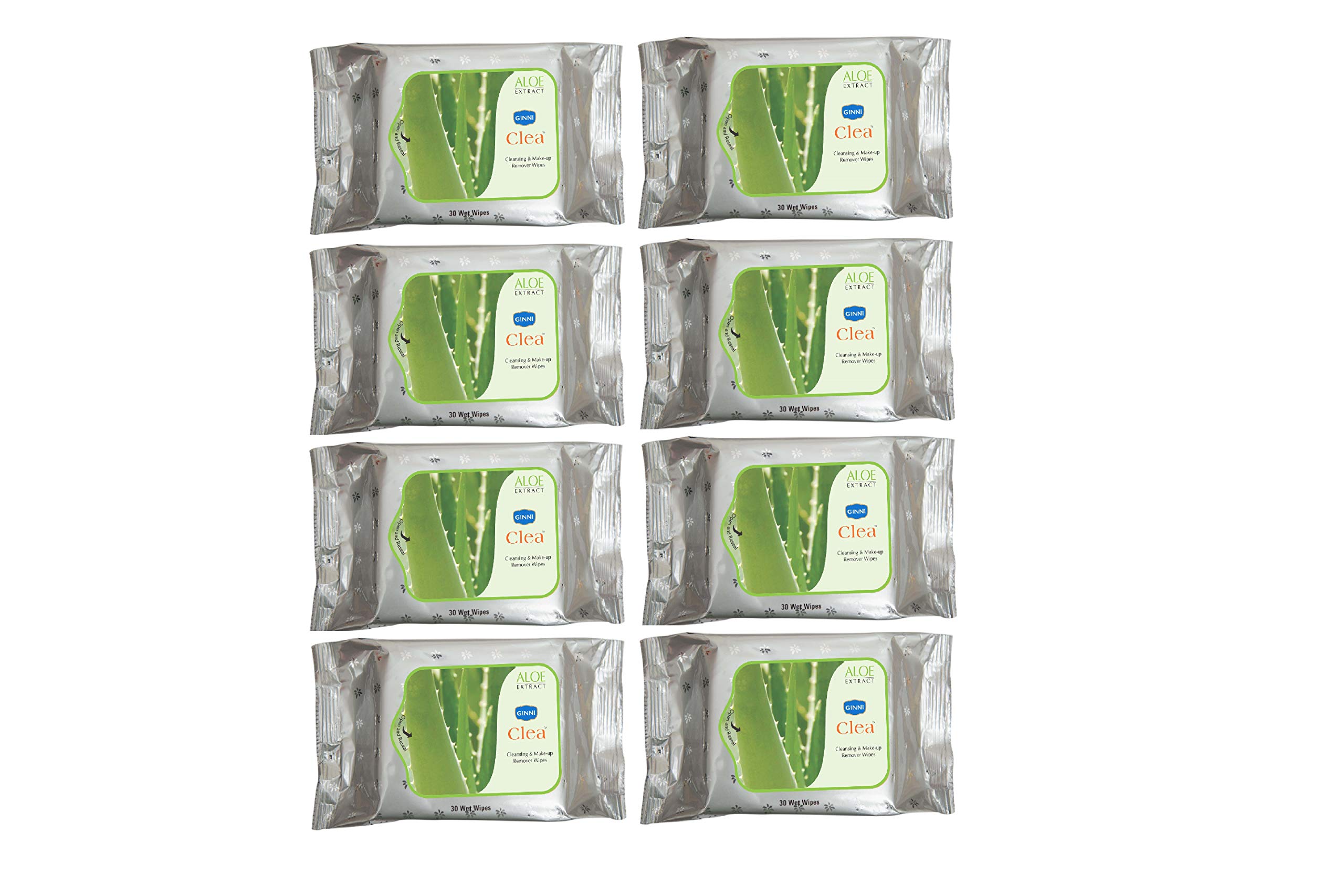 GINNI CLEA Aloe Vera Facial Cleansing Wipes - Makeup Remover & Moisturizing Wet Tissues for Face, Hands & Body - Gentle Skin Care with Natural Aloe (8 Packs, 30 Wipes Each) - Perfect for Travel, Gym & Daily Beauty Routine