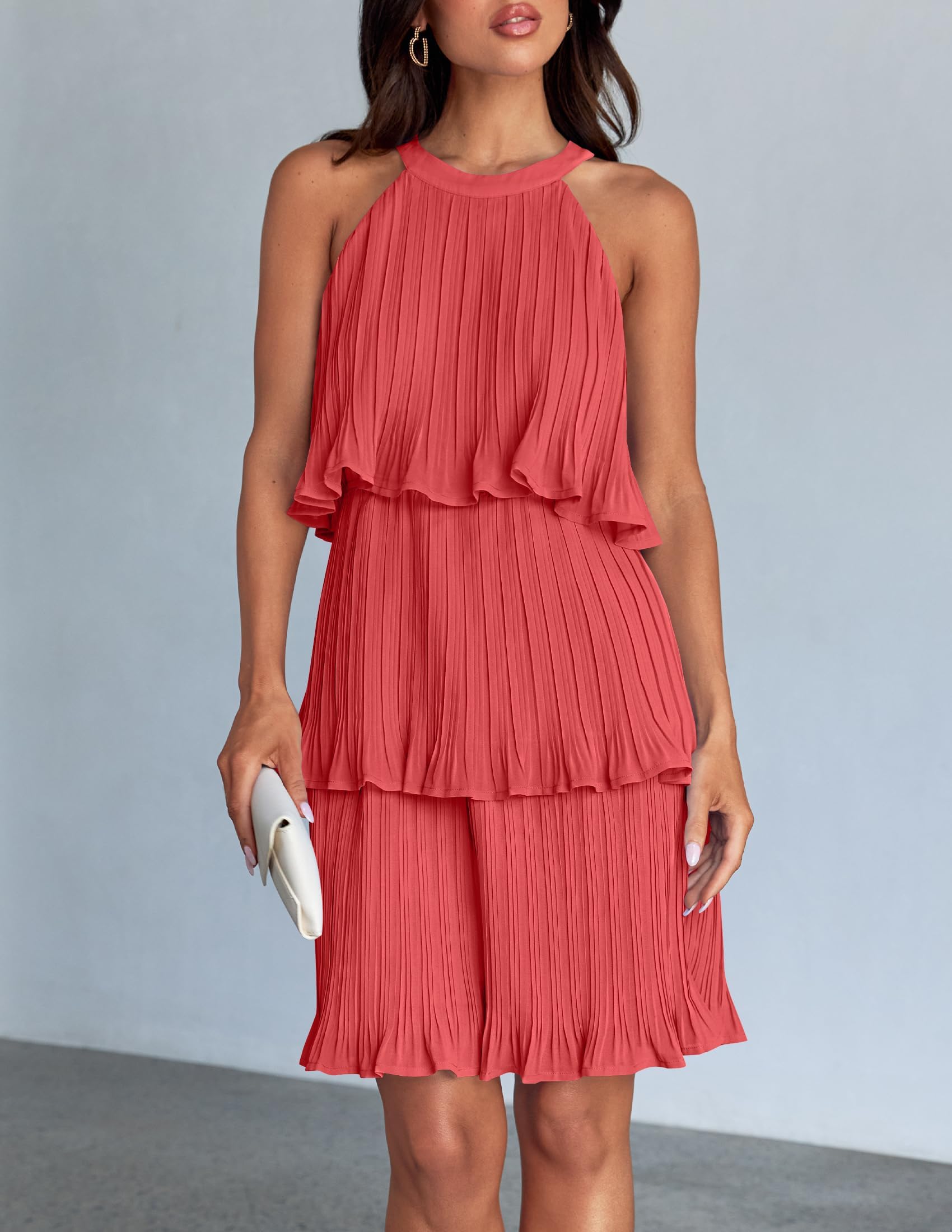 ZESICA Women's 2025 Summer Halter Dress - Sleeveless Ruffle Tiered Chiffon Pleated A-Line Swing Mini Dress for Beach, Vacation & Party Wear