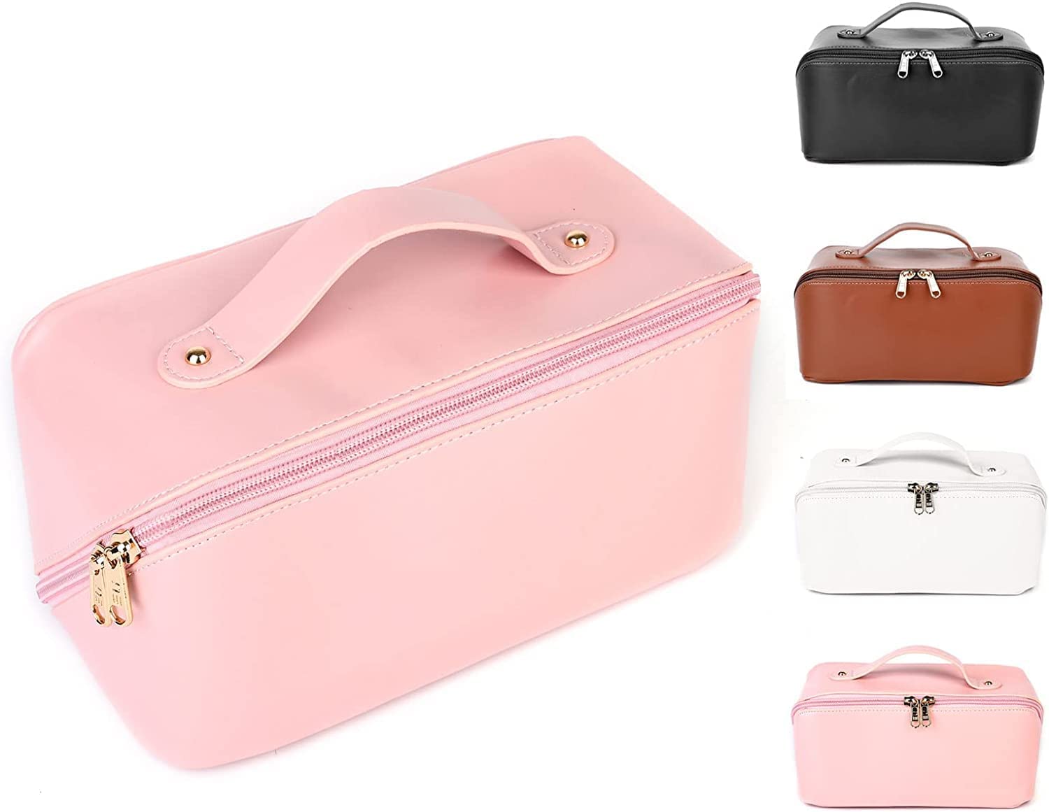 Portable Leather Travel Makeup Bag for Women - Cosmetic Organizer with Handle & Dividers, Wide Opening Makeup Pouch (Multiple Colors) - Perfect for Air Travel, Gym, and Daily Essentials Storage