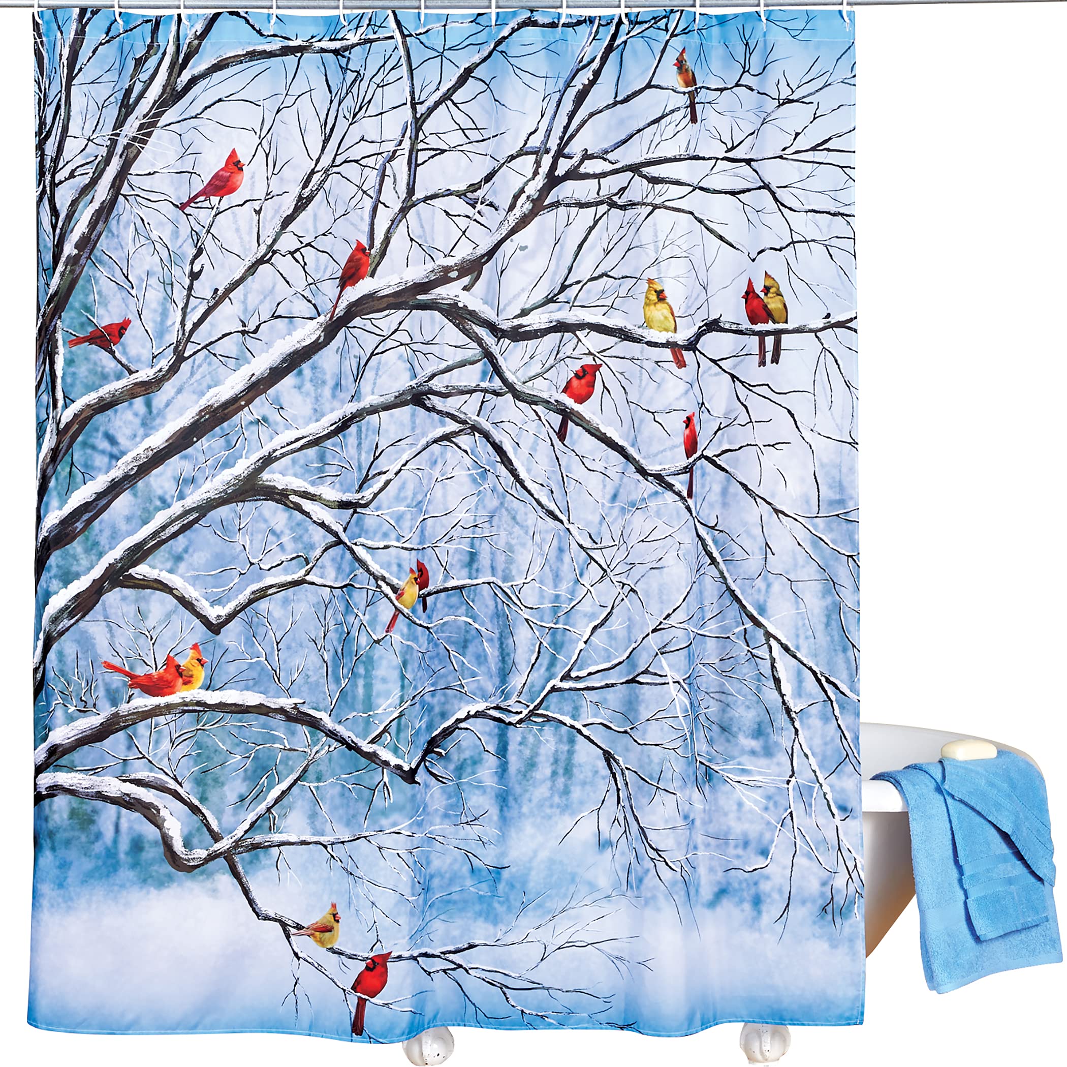 Winter Tree Cardinals Shower Curtain with Hooks - Waterproof Bathroom Decor for Holiday Season - Perfect for Christmas, Winter Bathroom & Home Decor