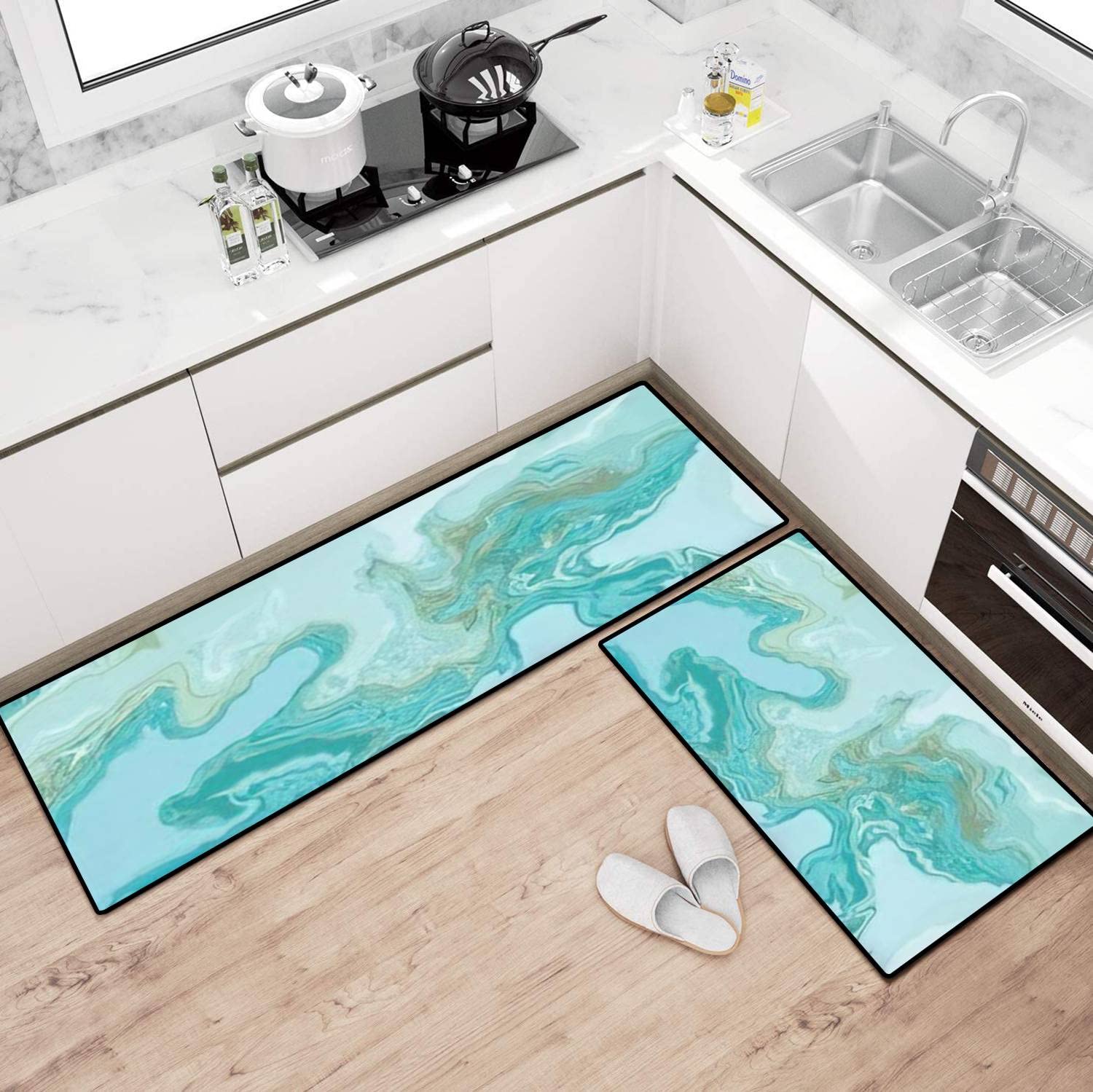 Luxury Marble & Gold Abstract Kitchen Rugs Set - Non-Slip Washable Floor Mats for Kitchen Runner, Doormat & Bath Rug - Comfort Standing Decor with Natural Marbling Texture (Perfect for Modern Home, Apartment & High-Traffic Areas)