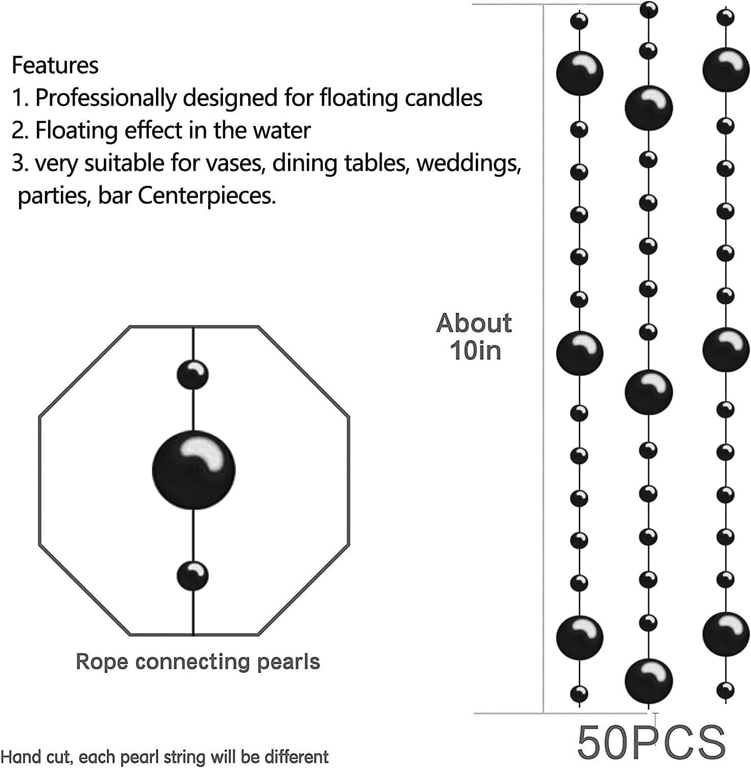 50 Pcs Black Faux Pearl Beads String - Elegant Vase Filler & Floating Candle Centerpiece for Wedding, Party & Home Decor - Perfect for Table Scatter, DIY Crafts & Event Styling