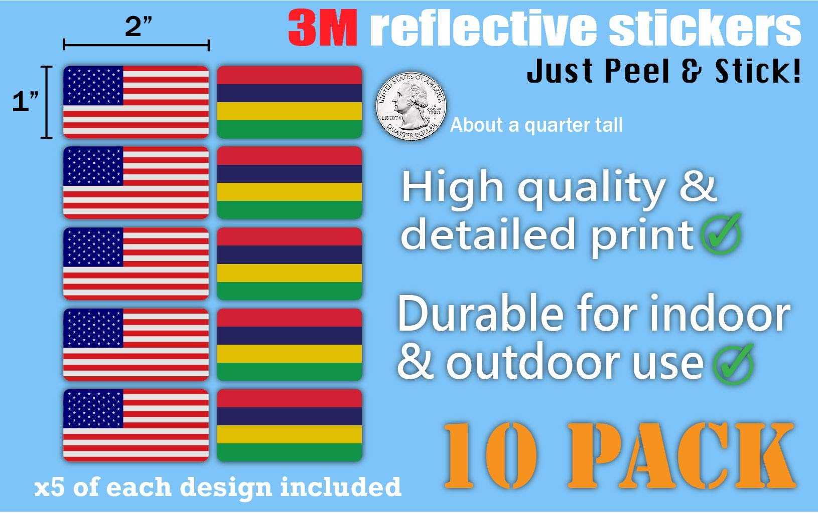 3M Reflective Mauritius & USA Flag Stickers (10-Pack) - High Visibility Safety Decals for Hard Hats, Helmets, Bikes, Toolboxes & Laptops - Perfect for Night Safety, Work Zones & Outdoor Activities