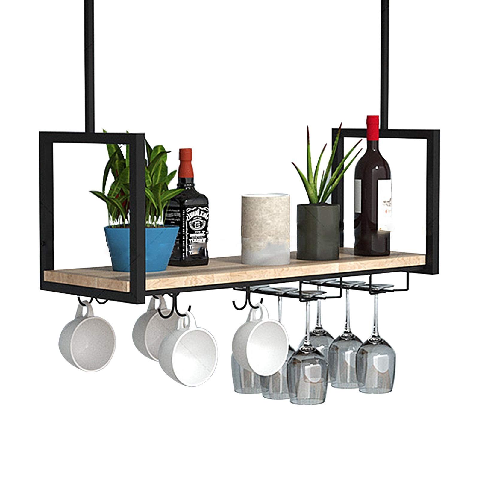 Golden Bar Ceiling Wine Rack - 1 Tier Floating Wooden Shelf with Strong Bearing Capacity - Easy to Install Wine Glass Storage for Home, Kitchen, or Restaurant Decor