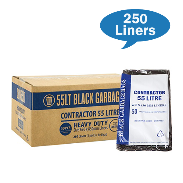 Heavy Duty 55Lt Black Trash Bags for Contractors - Extra Thick Garbage Bags for Construction, Renovation & Commercial Use - Durable Large Bin Liners for Heavy Waste Disposal