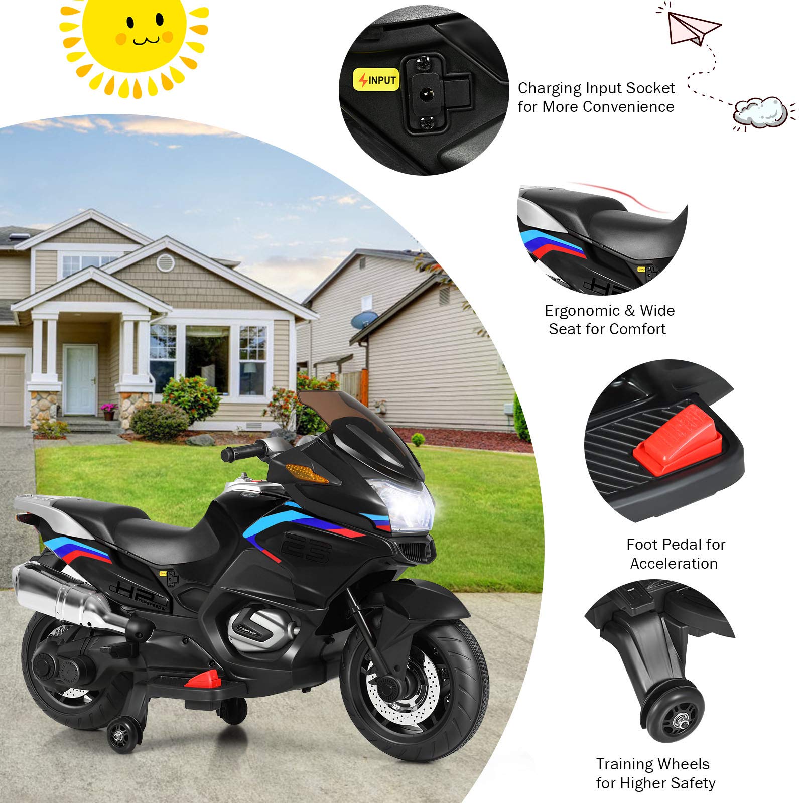Costzon 12V Electric Kids Ride On Motorcycle with Training Wheels, LED Lights & Music - Battery Powered Toy Motorcycle for Boys & Girls, Forward/Reverse with Pedal - Perfect Birthday Gift for Toddlers (Black) | Outdoor Play, Backyard Fun, Preschool Learning Toy