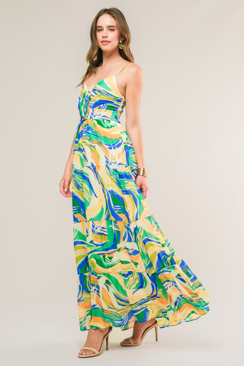 Florida Dreams Tie Front Maxi Dress in Blue Green - Perfect for Beach Vacations & Summer Outings