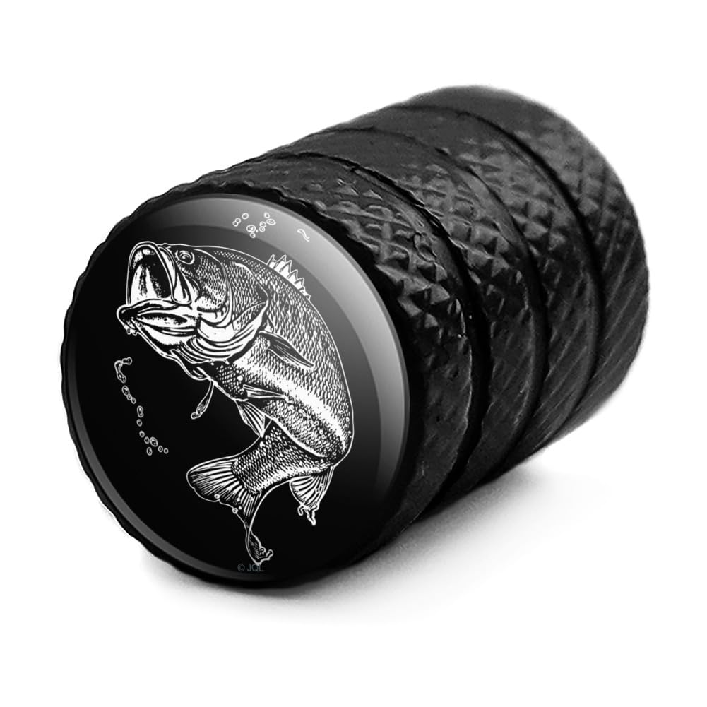 Premium Black Aluminum Valve Stem Caps for Motorcycle & Bicycle Wheels - Largemouth Bass Fishing Design - Perfect for Outdoor Enthusiasts and Bike Accessories