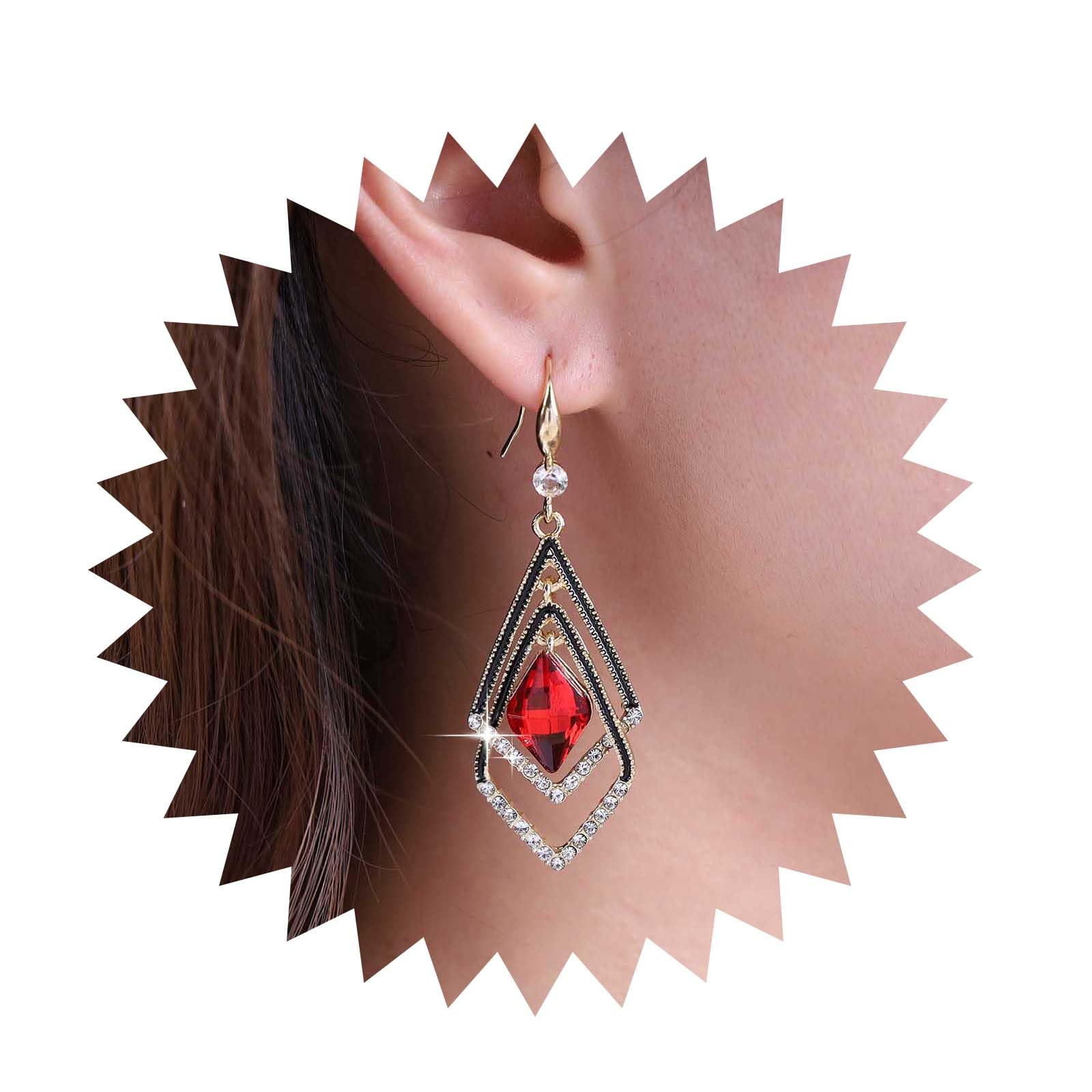 Bohemian Ruby Crystal Dangle Earrings - Gold Hollow Square Drop Earrings with Red CZ Stones, Rhinestone Geometric Hook Earrings for Women | Elegant Jewelry Gift for Girls, Perfect for Parties, Weddings & Special Occasions