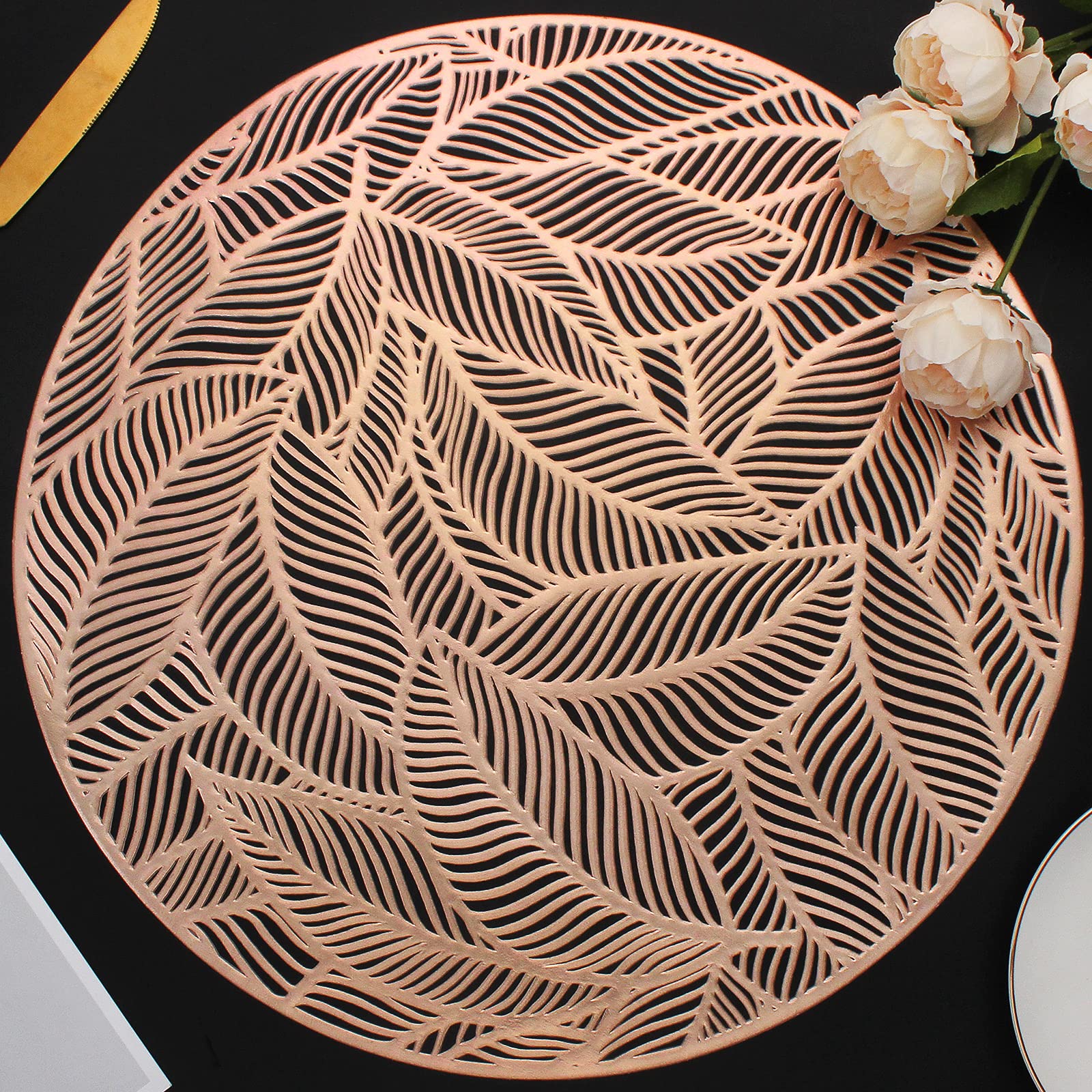 Mabbcoo 6-Piece Round Leaf Placemats Set - Hollowed-Out Pressed Vinyl Table Mats for Dining Table Decor, Holiday Party, Wedding Centerpiece (Rose Gold) - Perfect for Thanksgiving, Christmas Dinner, and Elegant Home Decor