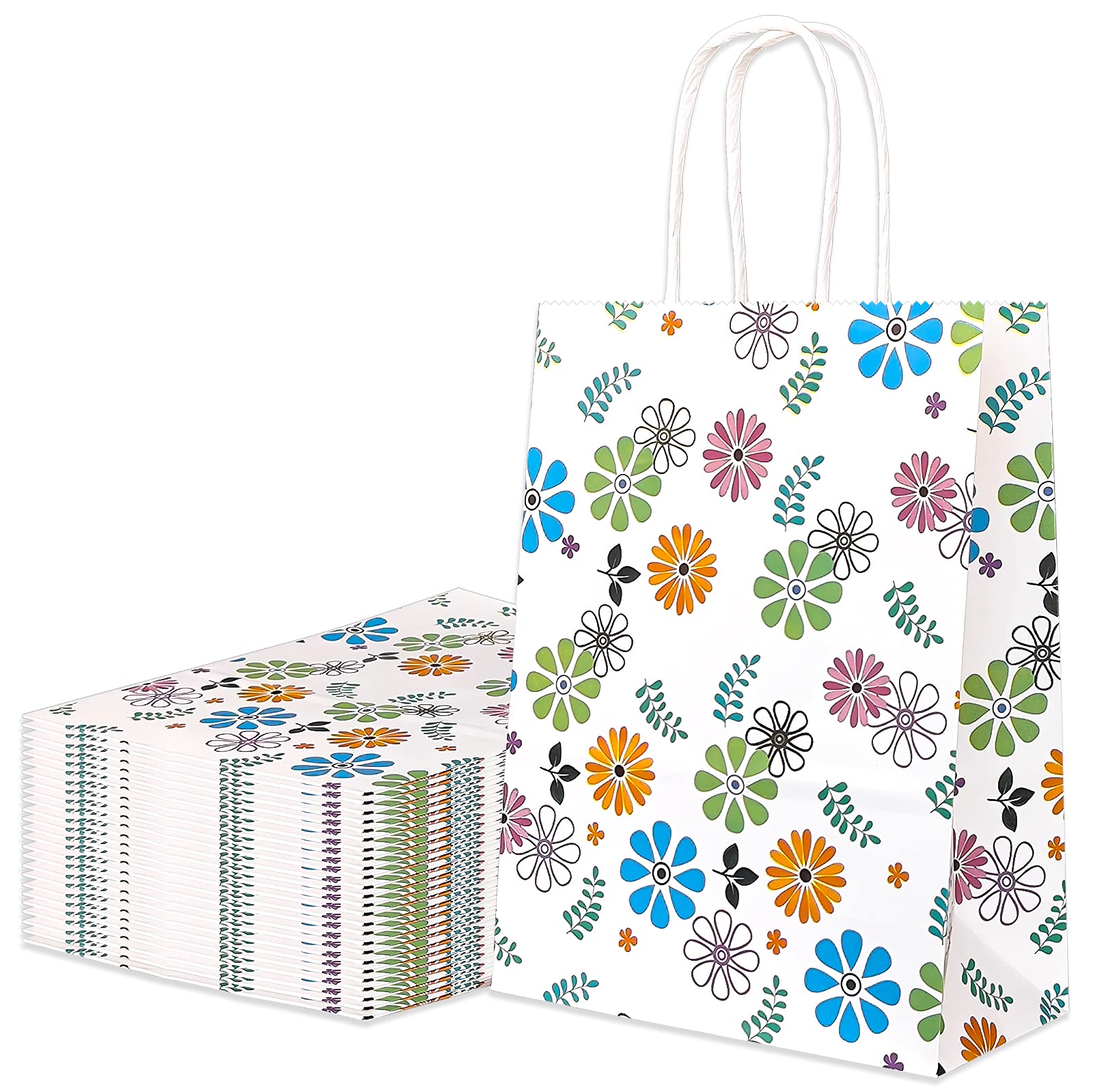 Floral Kraft Gift Bags with Handles - 8.7x6.3x3.1 Inch Small Party Favor Bags for Weddings, Birthdays, Baby Showers & Mother's Day - 25 Pack Daisy Design - Perfect for Party Favors, Wedding Decorations & Gift Packaging