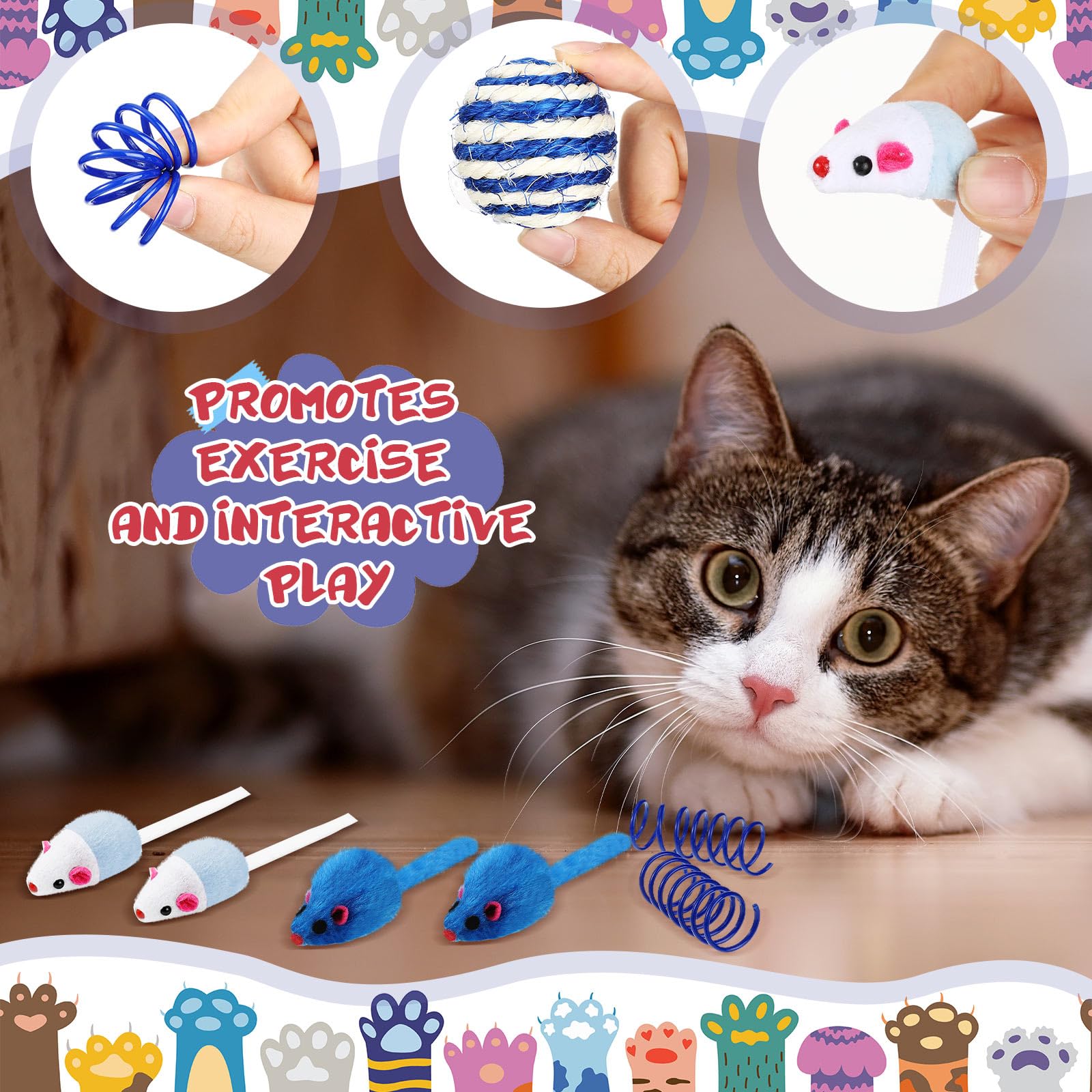 46 Pcs Cat Toys Set - Interactive Cute Cat Toys with Fur Mice, Rattle Springs, Crinkle Balls, Pompom Bell & Sisal Ball Puzzle Chase Toys for Kittens - Indoor Play & Gift Ideas (Blue) | Perfect for Boredom Relief, Exercise & Bonding with Your Feline Friend