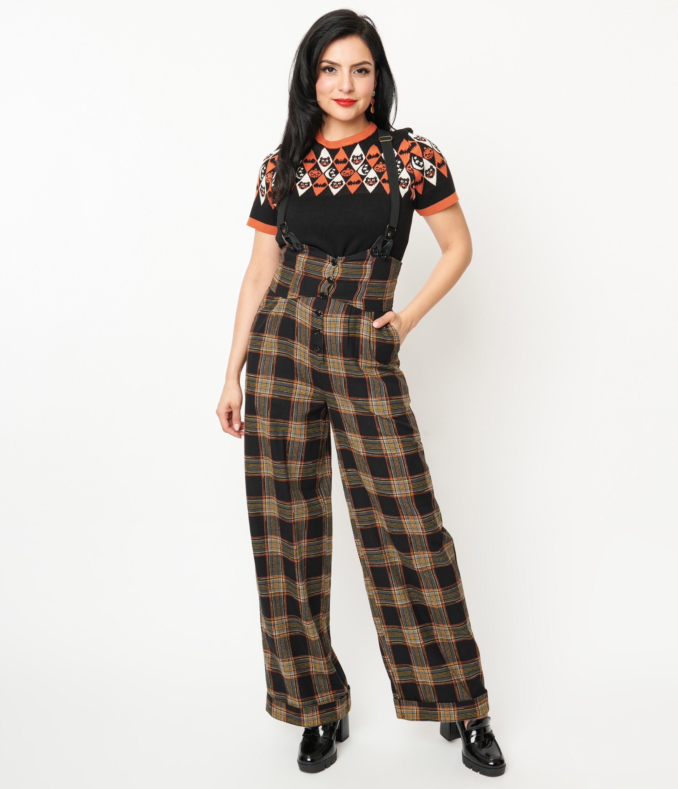 Vintage 1930s Thelma High Waist Suspender Pants - Black & Orange Plaid Retro Trousers for Women | Perfect for Cosplay, Steampunk Fashion & Vintage Themed Parties