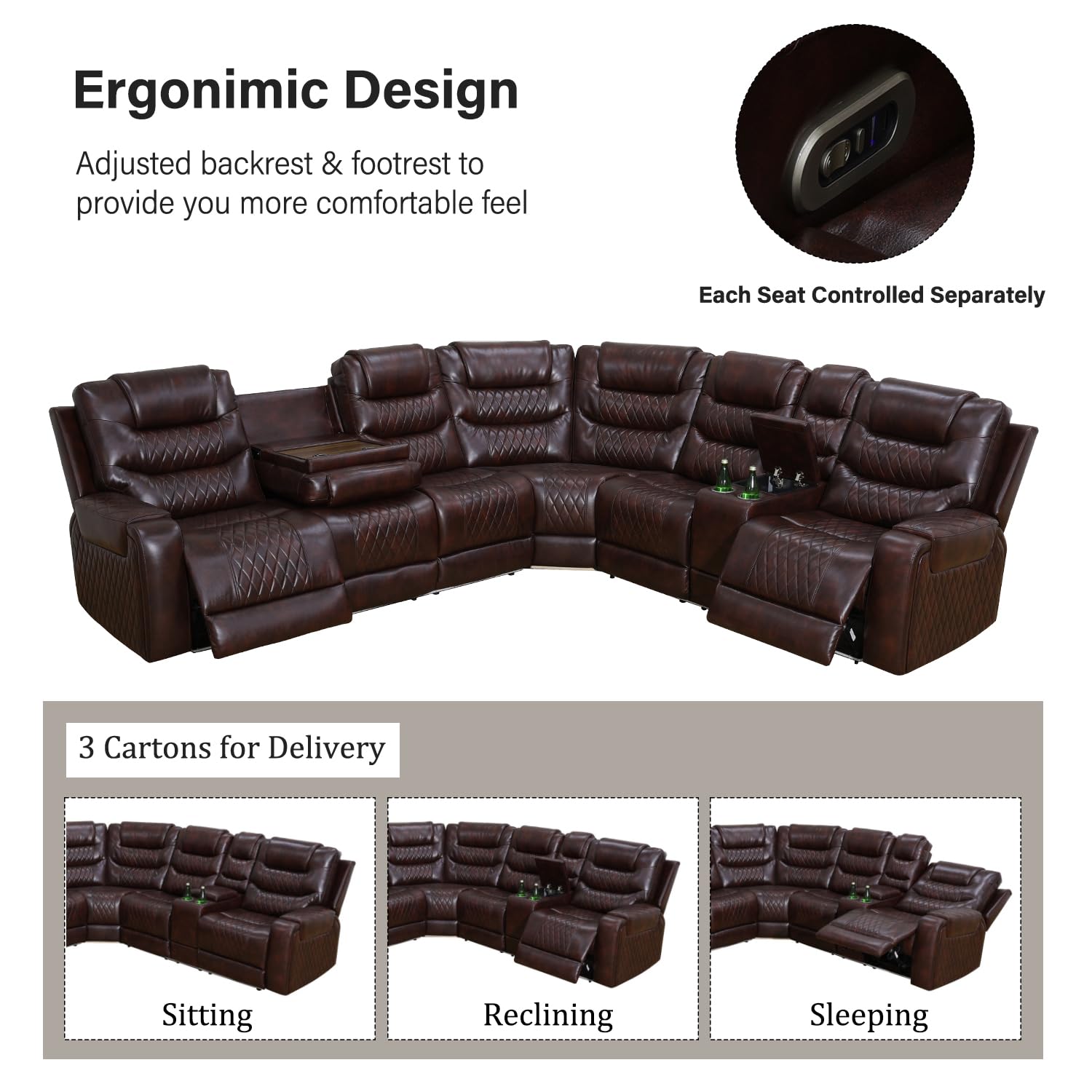 Power Reclining Sectional Sofa with USB Chargers & Storage Console - Genuine Leather Recliner Sofa Set for Living Room, Apartment, Office & Home Theater - Comfortable Modern Furniture (Brown) | Perfect for Family Movie Nights, Guest Entertaining & Relaxing After Work