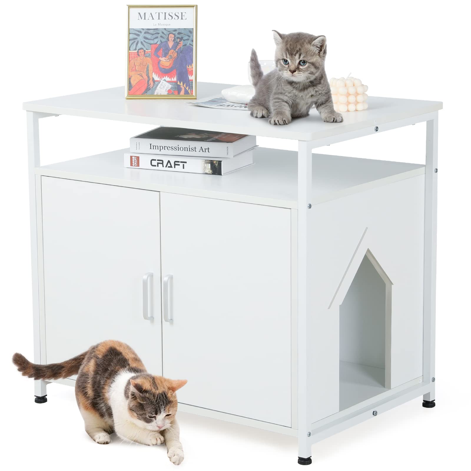 GIMAGE Hidden Cat Litter Box Furniture with Scratch Pad - Dual Door Enclosed Washroom Storage Bench for Kittens - Perfect for Small Spaces & Home Decor
