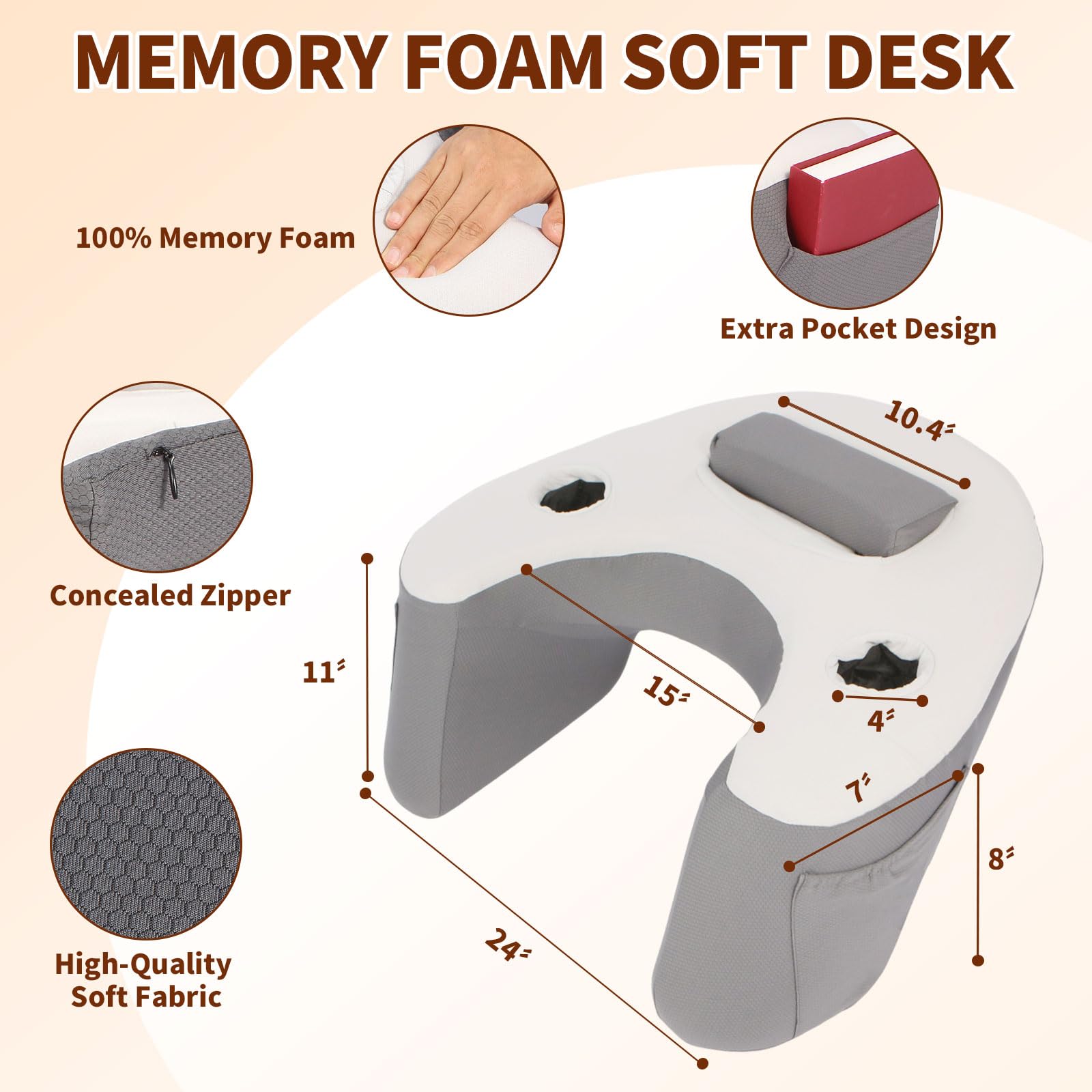 Ergonomic Lap Desk Pillow with Cooling Memory Foam - Portable Laptop Stand for Bed, Sofa & Travel | Gaming Cushion & Reading Pillow with Armrest | Home Office Comfort (Grey) - Perfect for Remote Work, Study & Relaxation