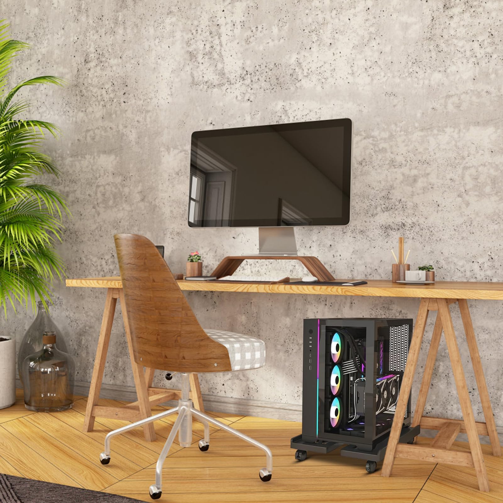Adjustable CPU Holder Cart with Lockable Wheels - Portable PC Case Stand & Computer Tower Support for Office, Gaming, and Home Use - Black