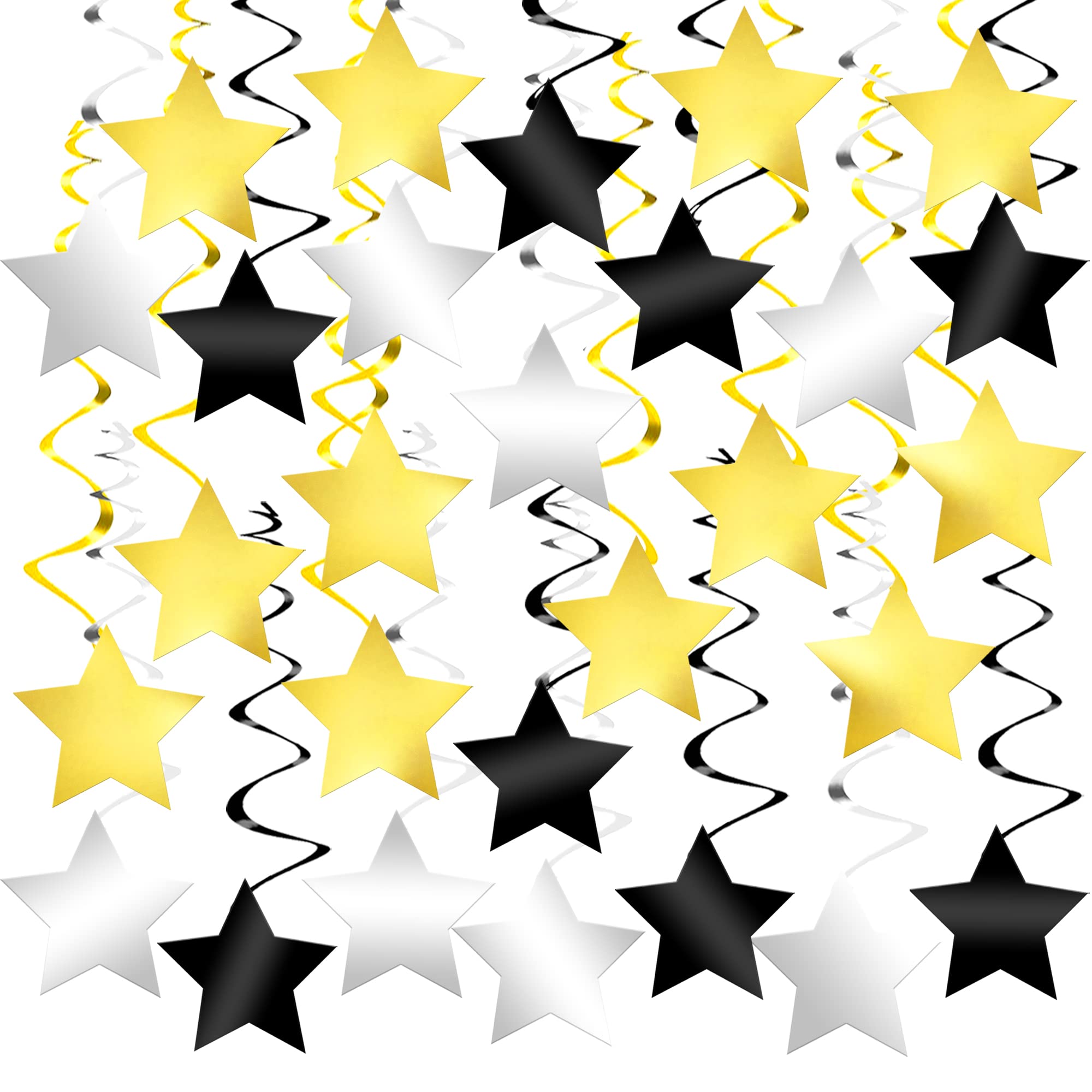 Black Gold Silver Star Hanging Swirls Decorations - 60 Pack Party Supplies for Hollywood, Graduation & Retirement Parties | Premium Ready-to-Use Ceiling Decor for Birthday, Wedding & Special Events
