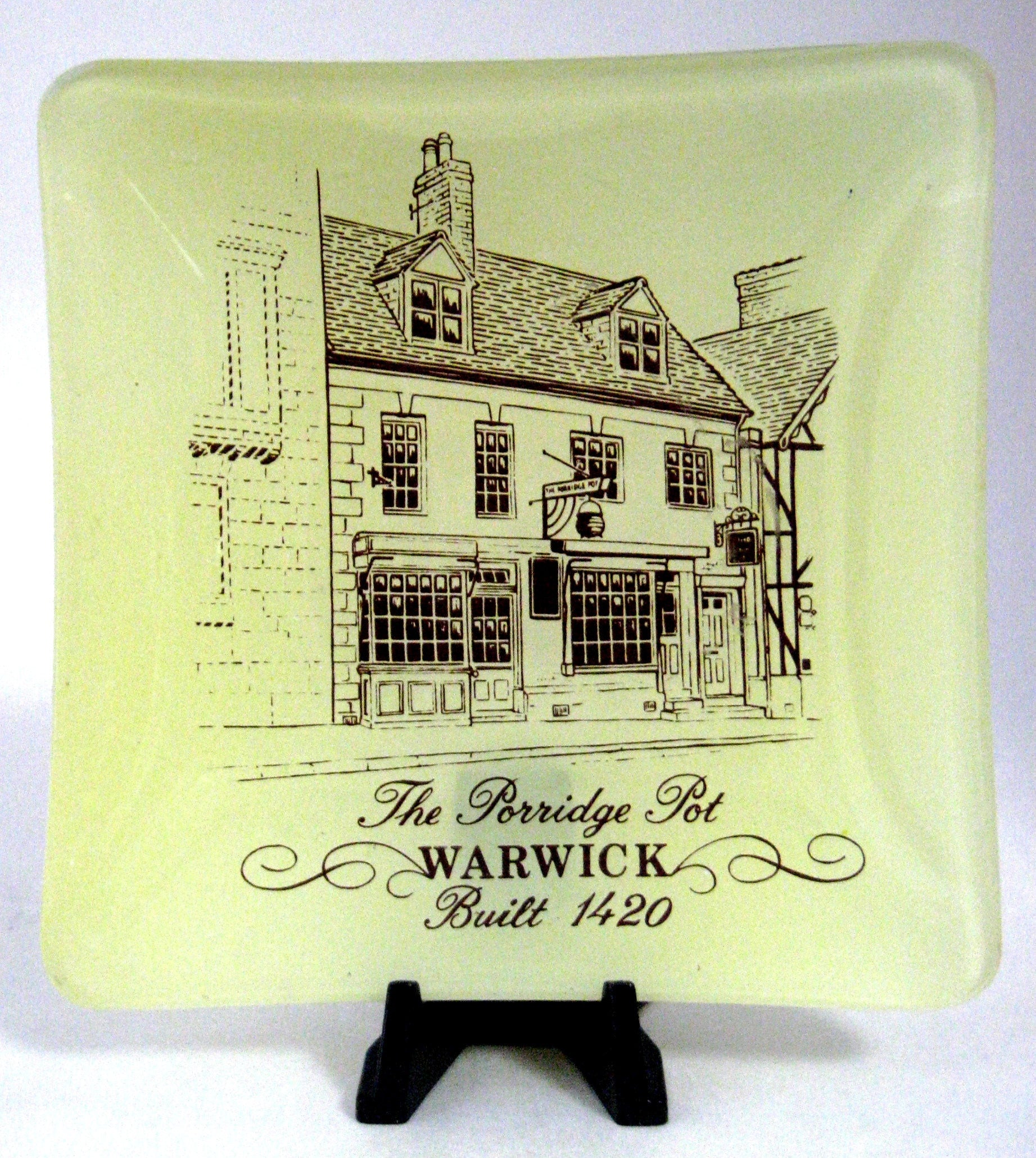 Vintage Warwick England Medieval Inn Souvenir Glass Porridge Dish - 1970s Collectible Trinket for Home Decor & Historical Display